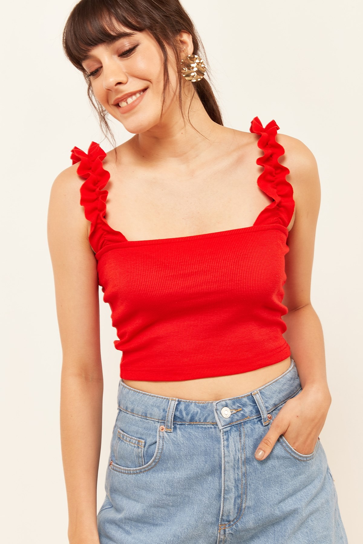 Kadın Askıları Fırfırlı Crop Top