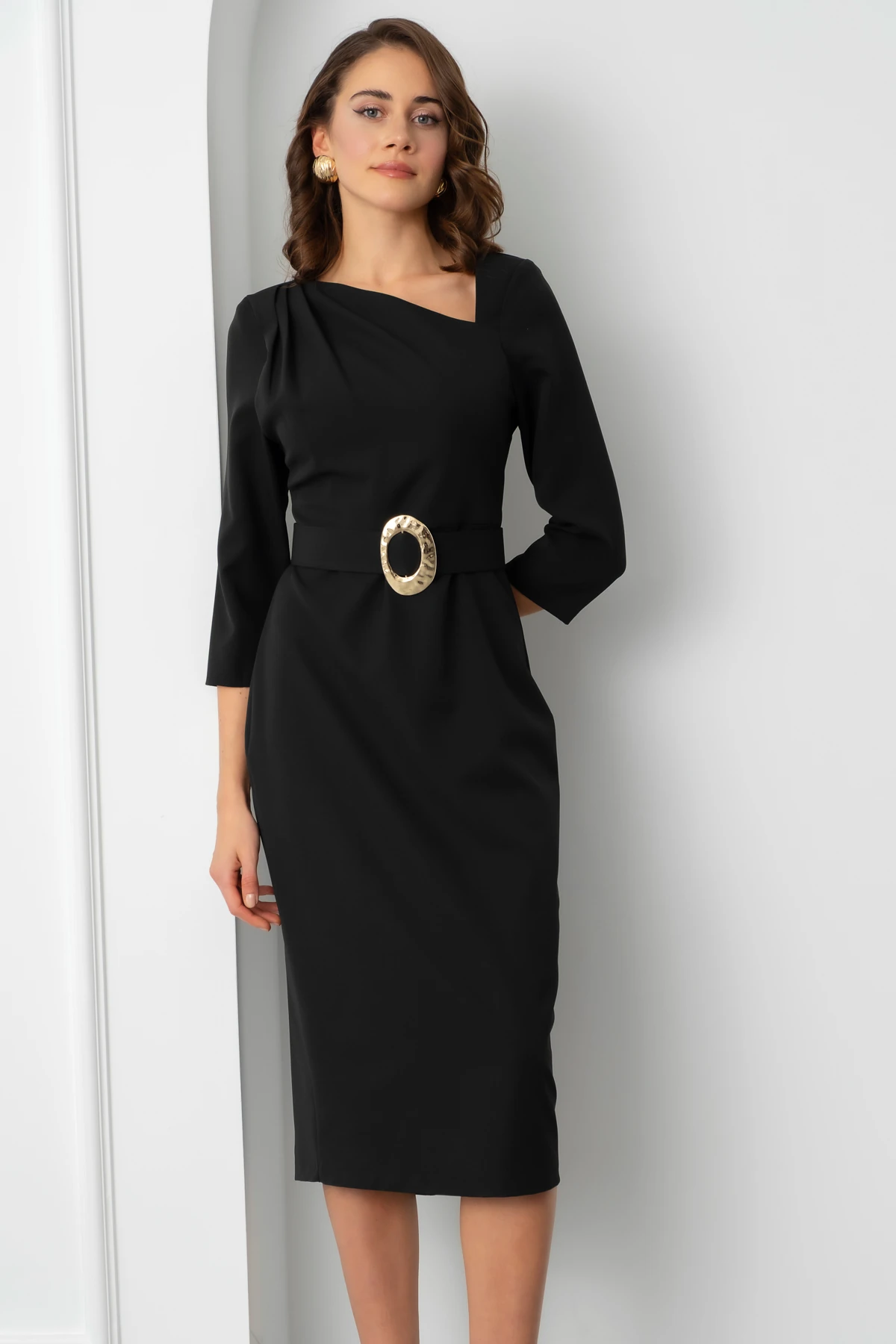 Kadın Kemer Detay Midi Davet Elbisesi - Siyah
