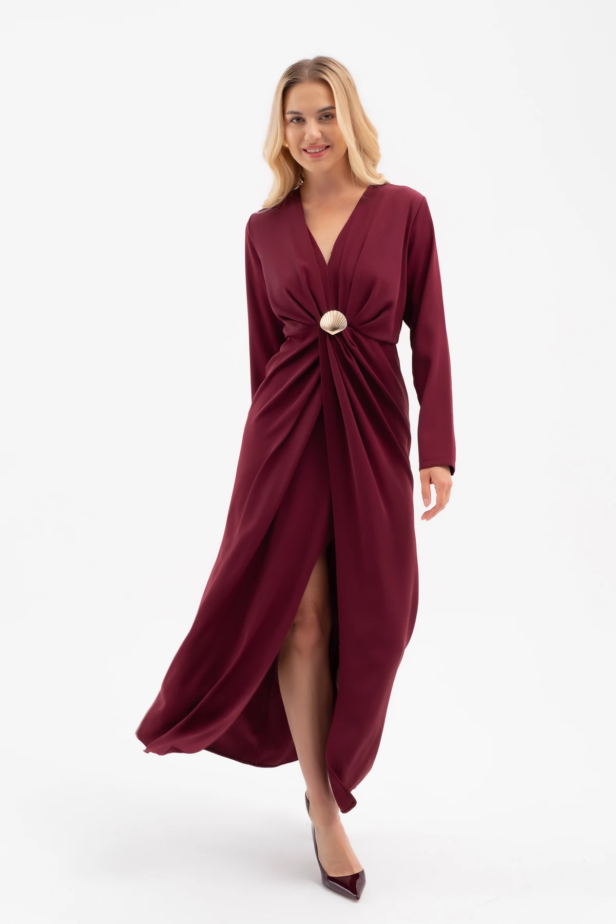 Kadın İstiridye Aksesuarlı Uzun Kol Elbise - Bordo
