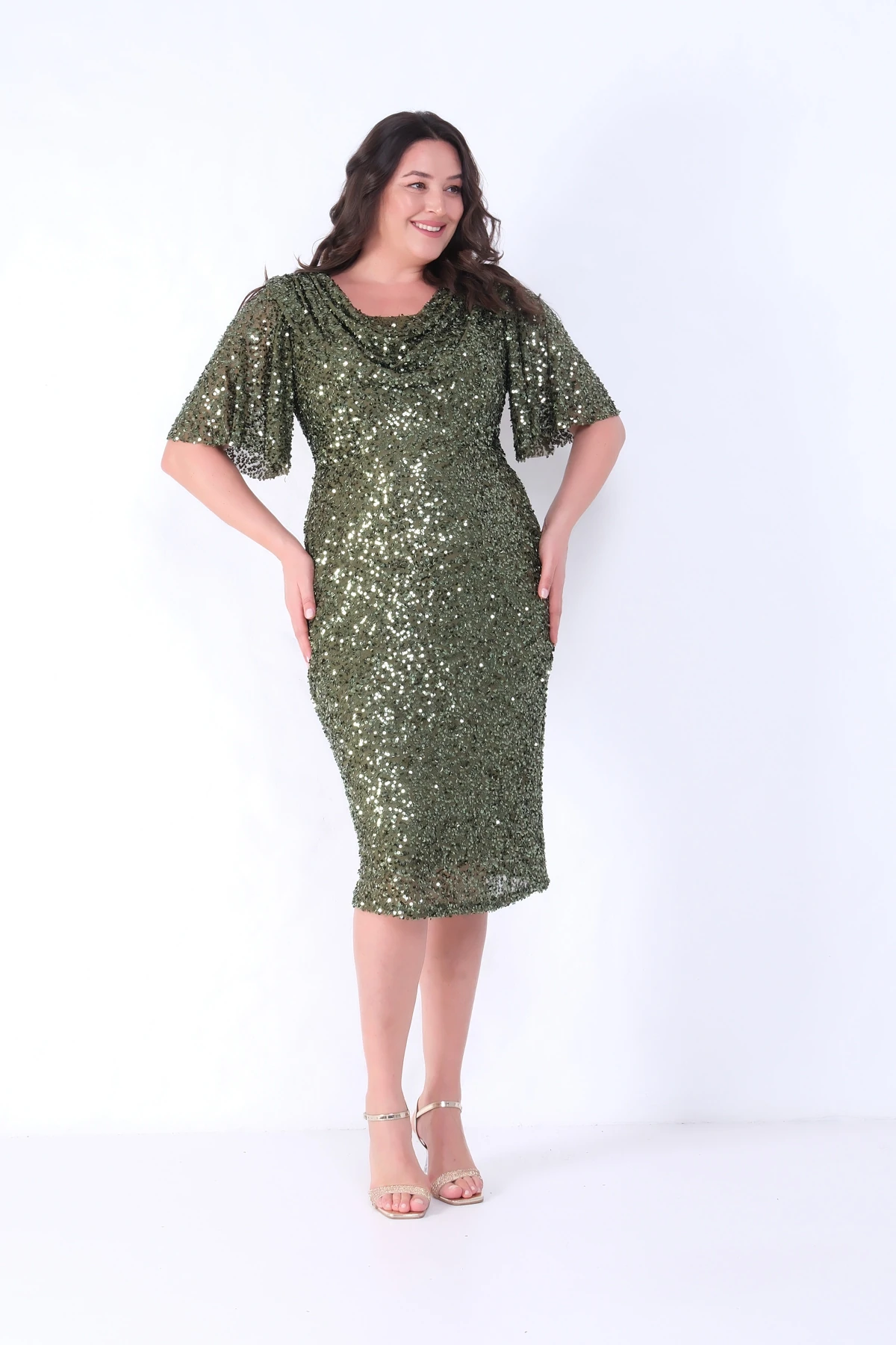 Kadın Degaje Yaka Pul Payet Büyük Beden Abiye Elbise - Haki