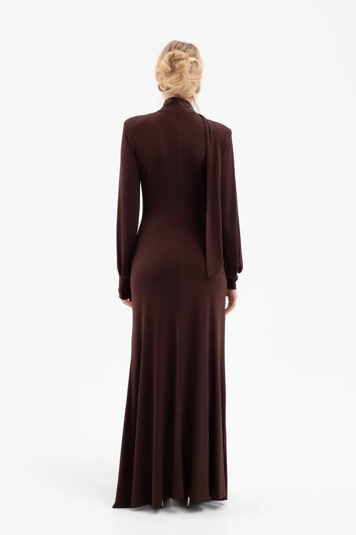 Kadın Şal Yaka Ön Düğüm Tokalı Uzun Elbise