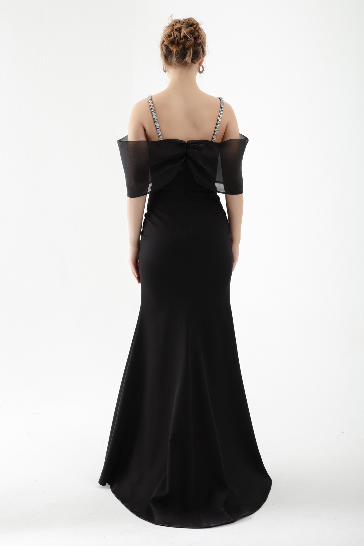 Kadın Taş Askılı Uzun Balık Abiye Elbise - Siyah