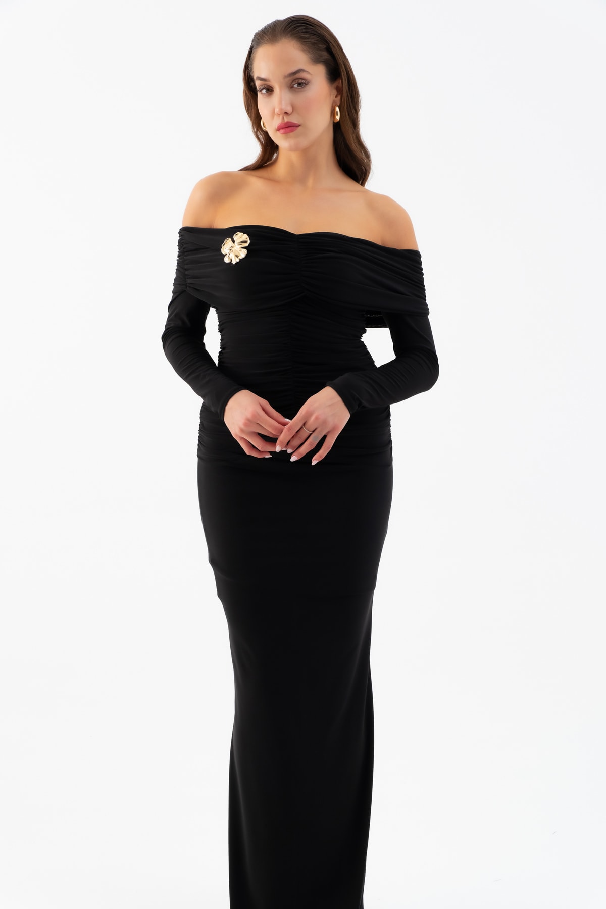 Kadın Büzgü Detay Uzun Elbise - Siyah