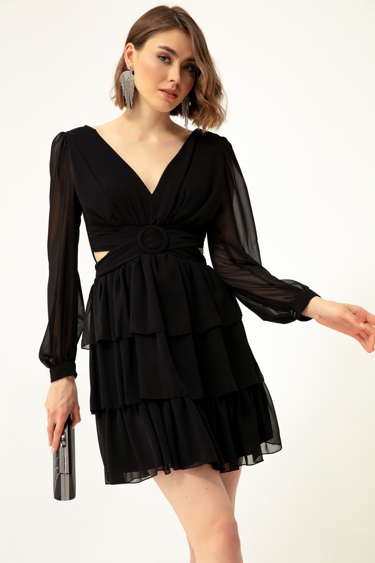 Kadın Fırfırlı Dekolteli Mini Şifon Abiye Elbise - Siyah