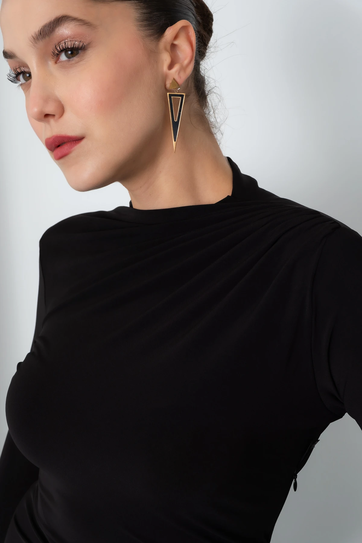 Kadın Uzun Kol Drapeli Uzun Elbise - Siyah