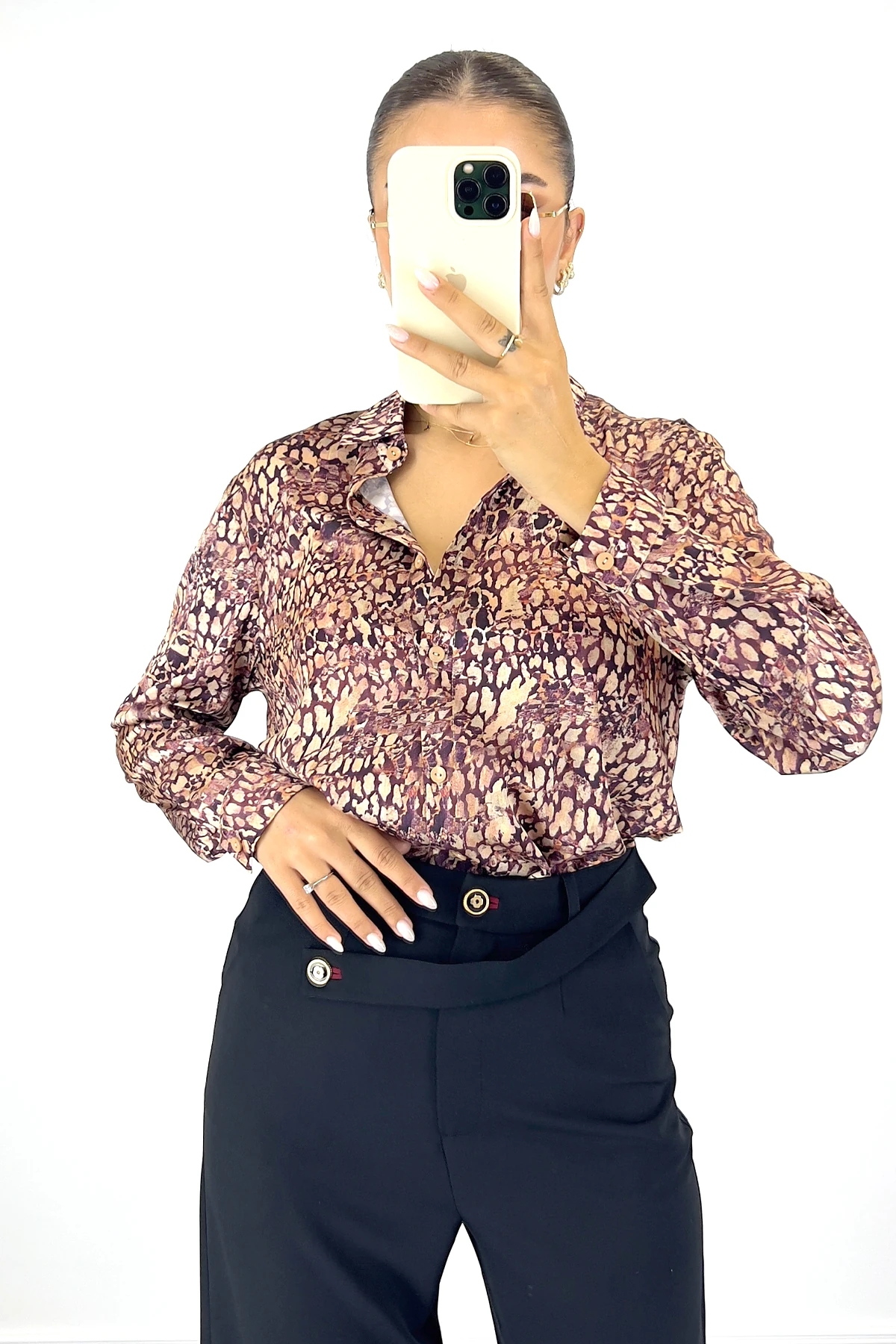 Kadın Uzun Kollu Desenli Saten Gömlek - Pembe