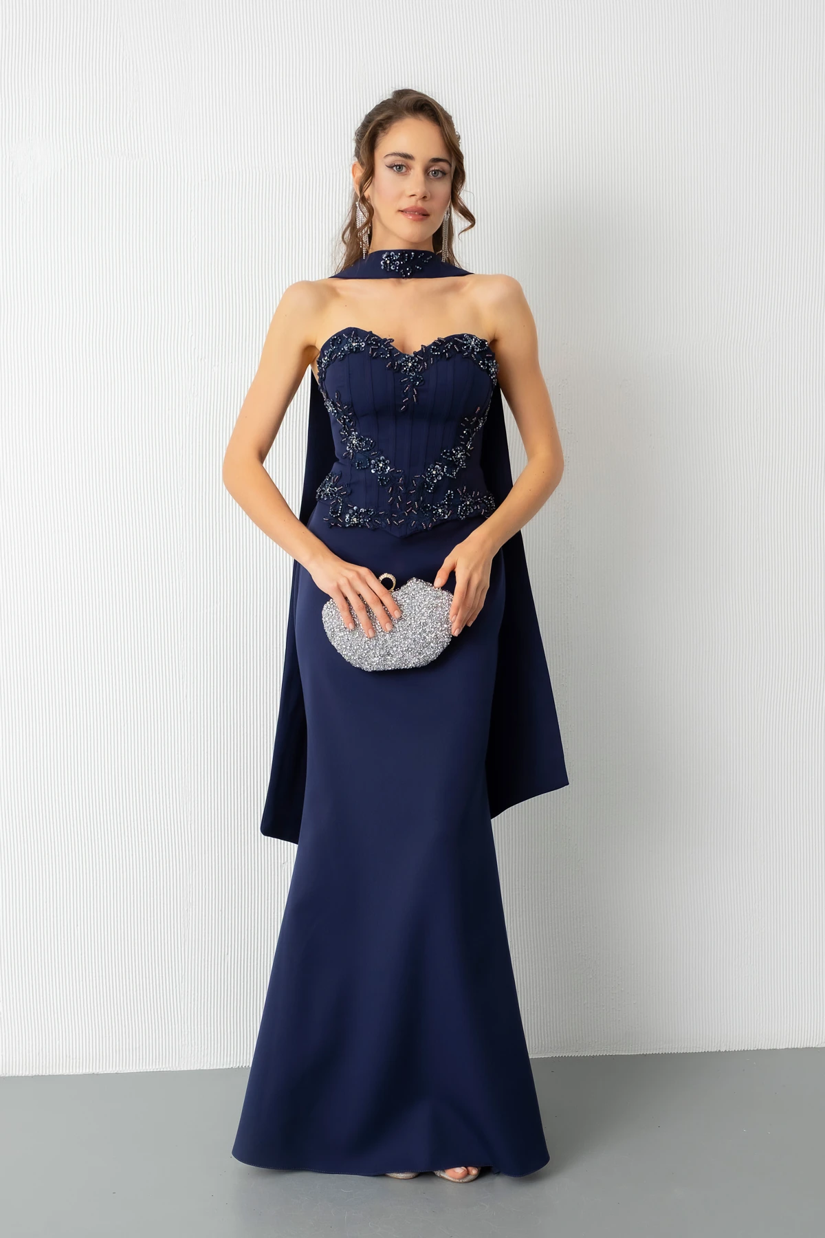 Kadın Güpür Aplikeli Balen Korse Detay Uzun Söz Nişan Abiye Elbise