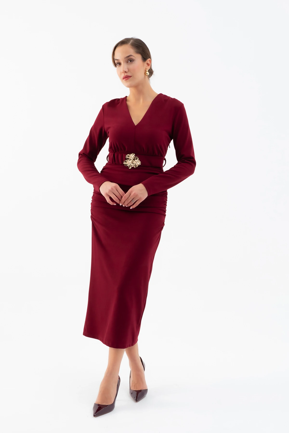 Kadın Kemerli Büzgü Detay Uzun Elbise - Bordo