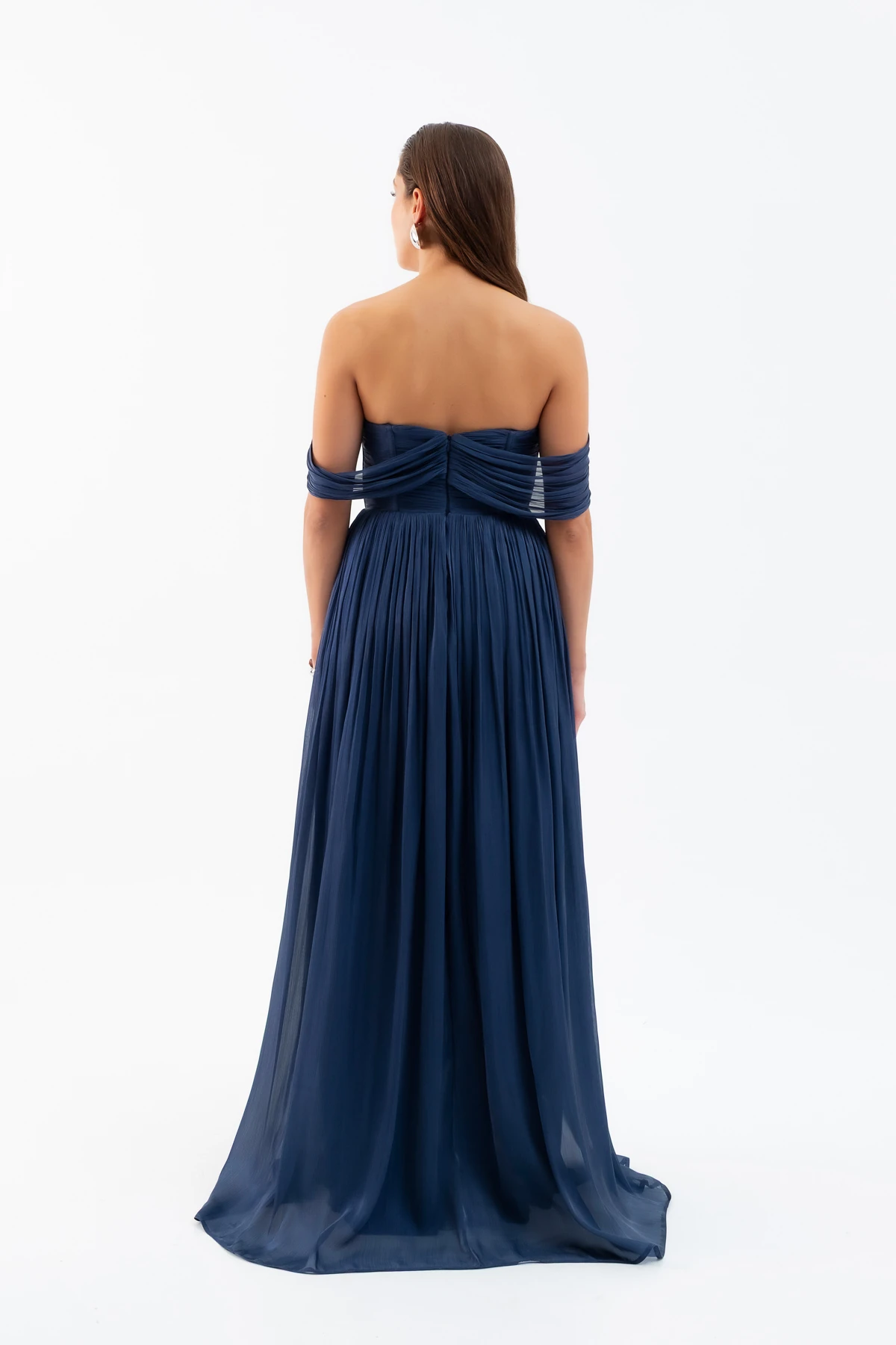 Kadın Kayık Yaka Uzun Abiye Elbise - Lacivert