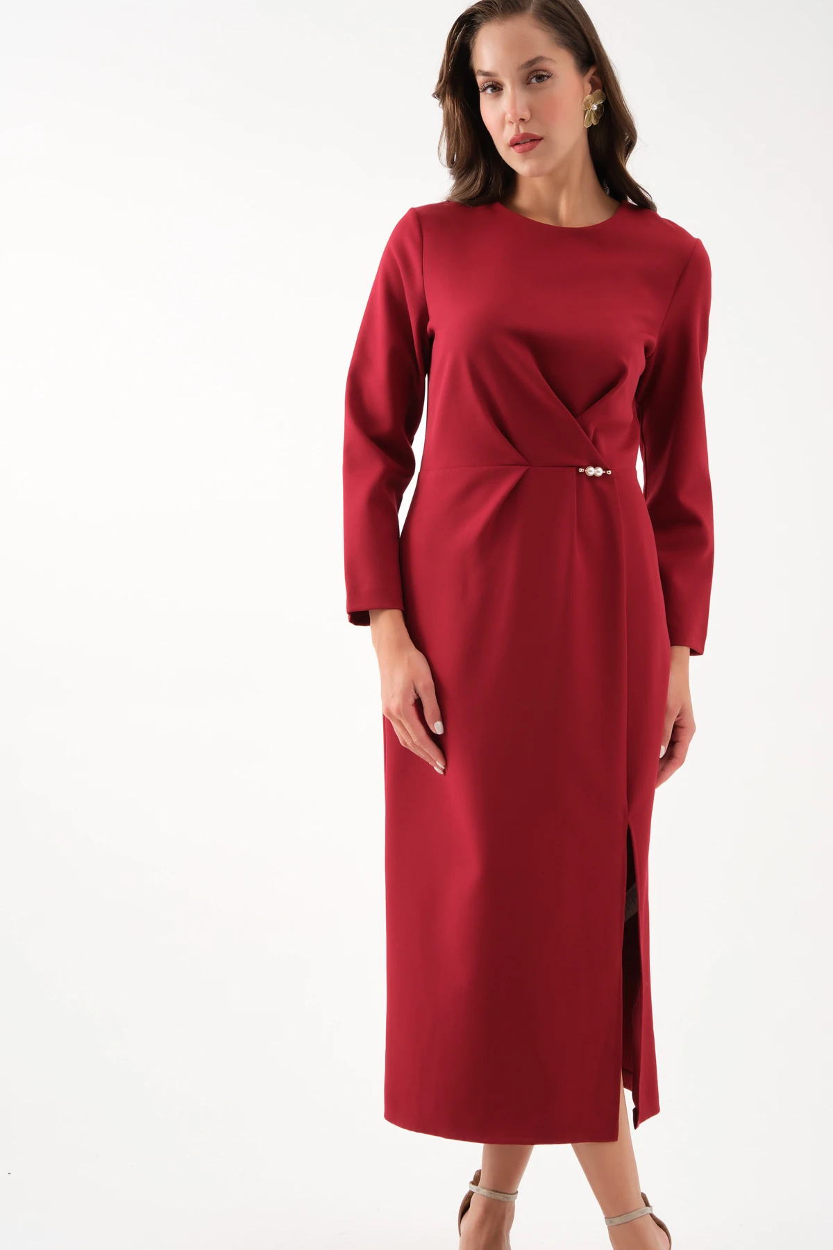 Kadın İnci Detay Midi Davet Elbisesi - Bordo
