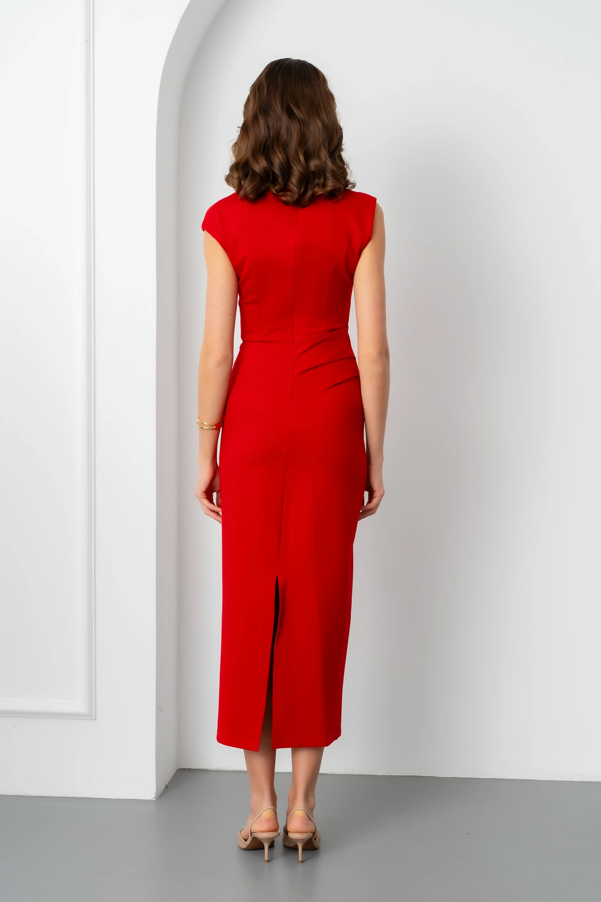 Kadın Yaka Detay Midi Davet Elbisesi - Kırmızı