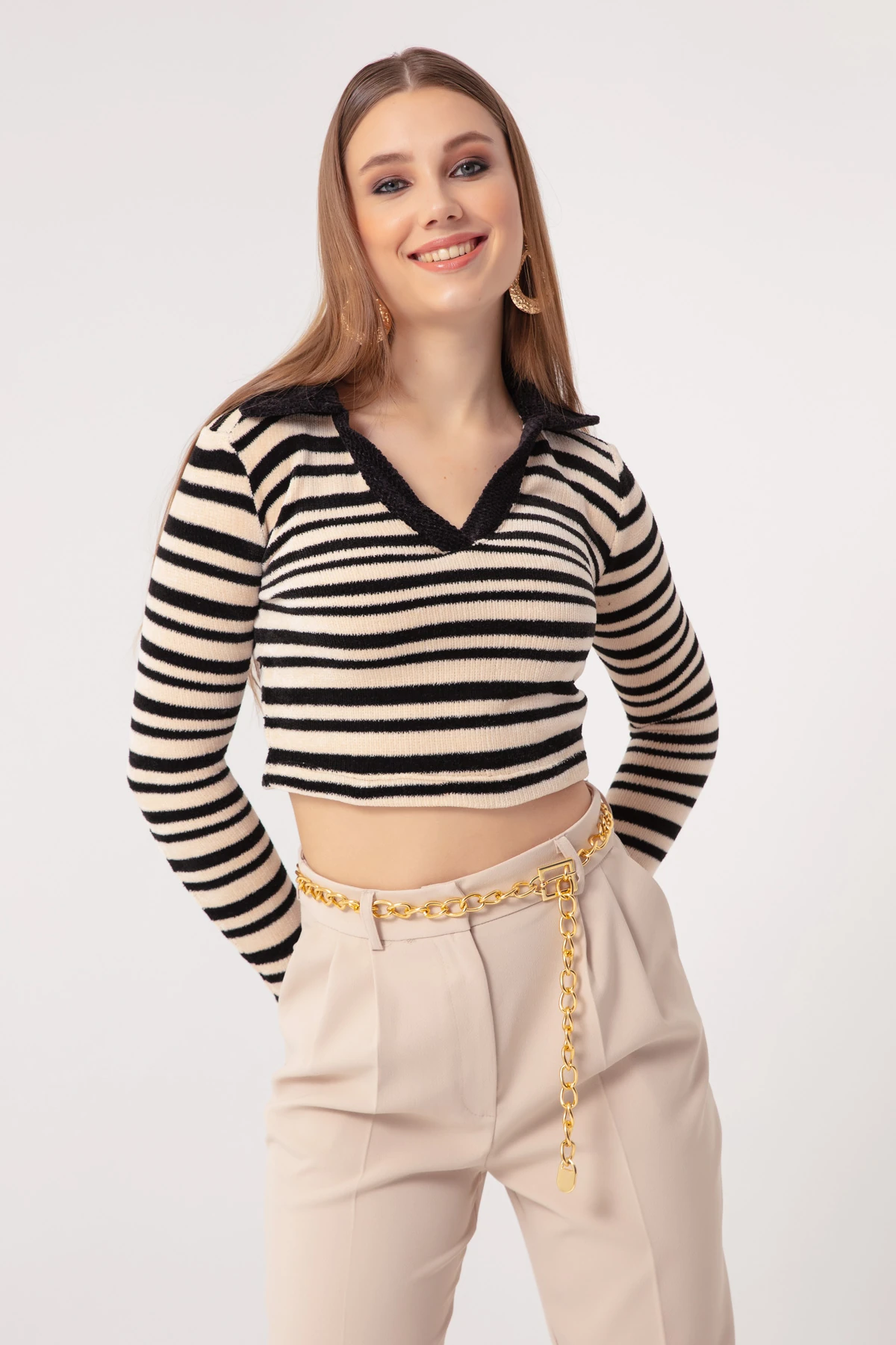 Kadın Çizgili Örme Kazak - Bej