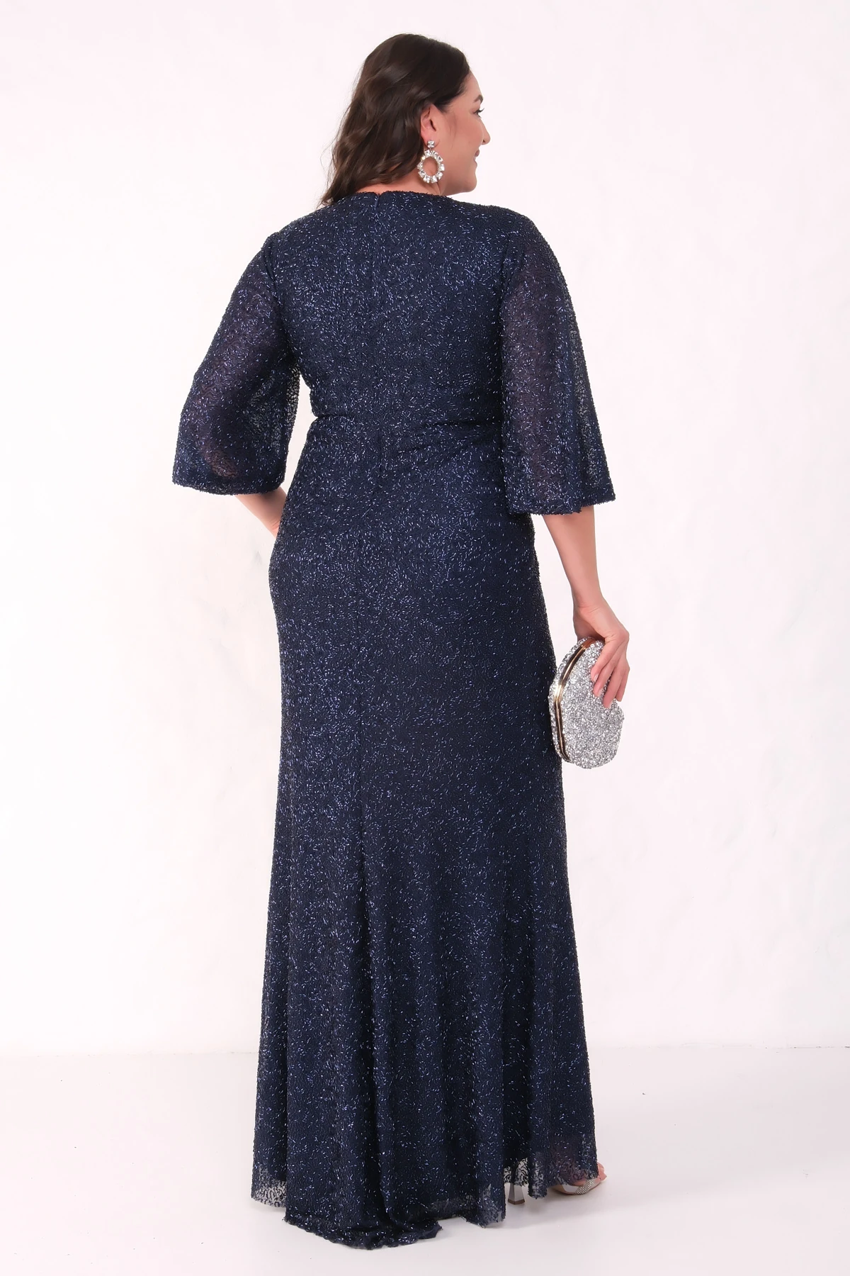 Kadın V Yaka Boncuklu Büyük Beden Abiye Elbise - Lacivert