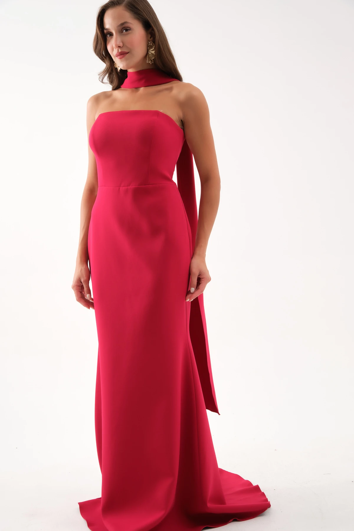 Kadın Şal Yaka Detay Uzun Abiye Elbise - Bordo