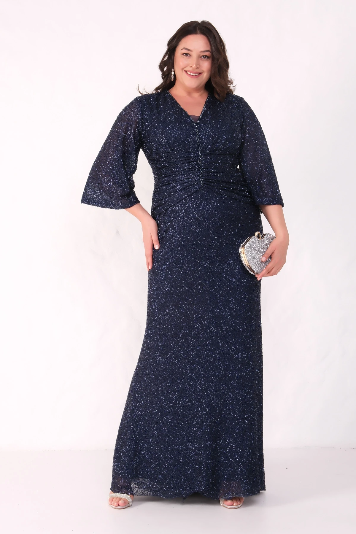 Kadın V Yaka Boncuklu Büyük Beden Abiye Elbise - Lacivert