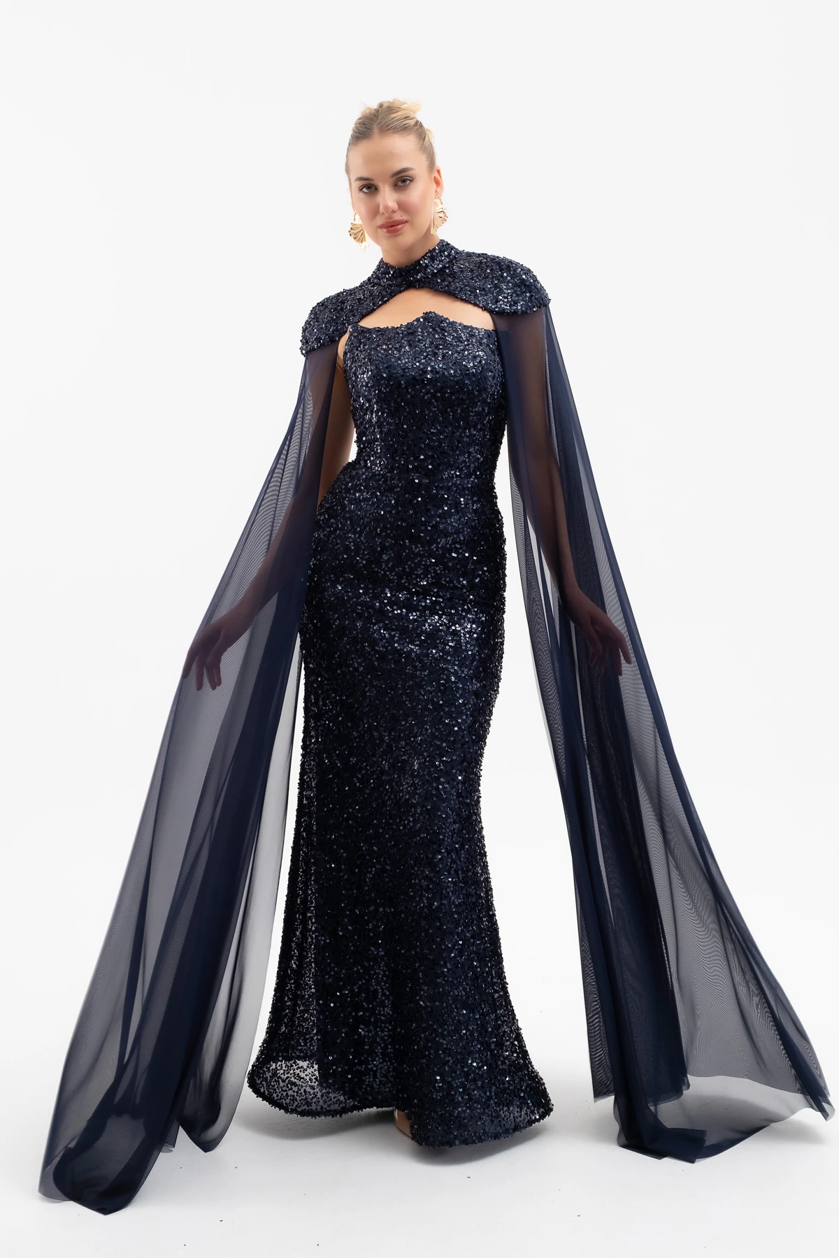 Kadın Tül Pelerinli Straplez Uzun Pullu Abiye Elbise - Lacivert