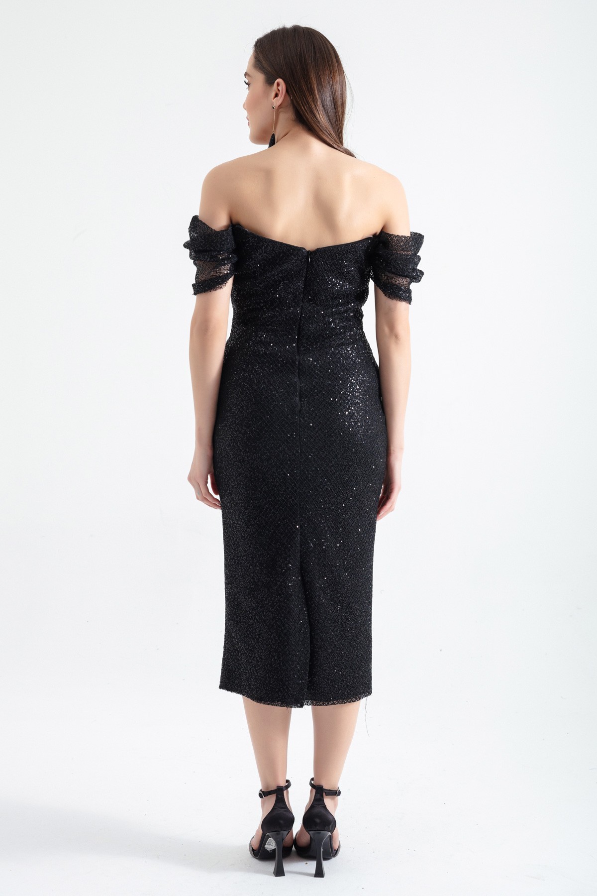 Kadın Kayık Yaka Simli Midi Abiye Elbise - Siyah