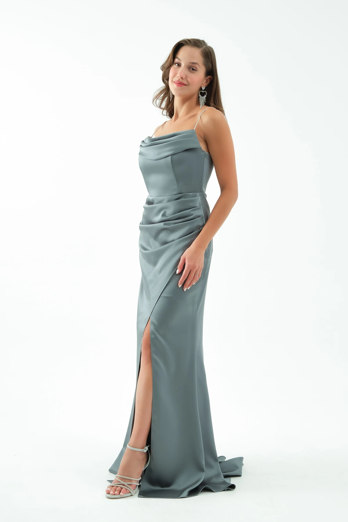 Kadın Taş Askılı Uzun Söz Nişan Abiye Elbise - Firuze