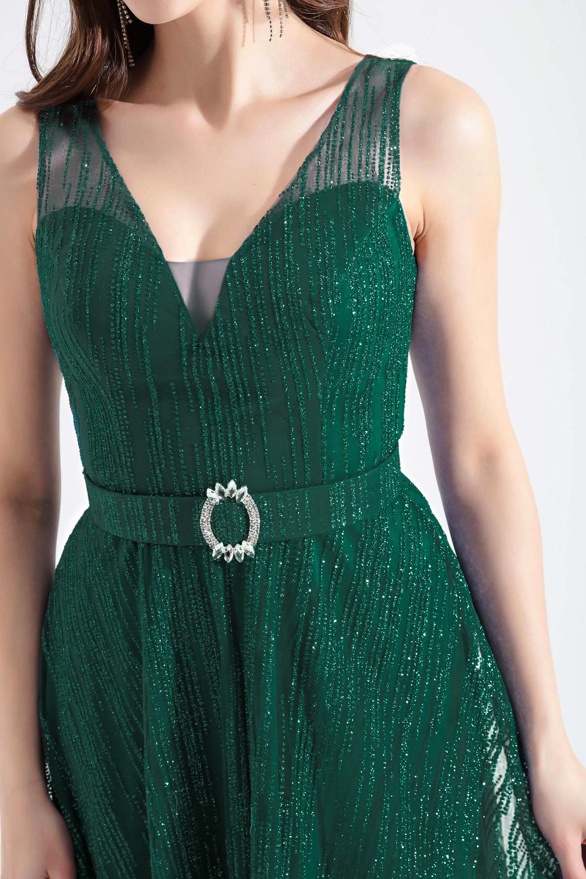 Kadın V Yaka Simli Midi Abiye Elbise - Zümrüt Yeşili