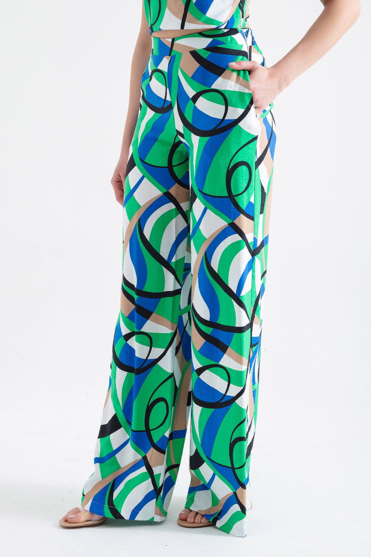 Kadın Desenli Bol Paça Pantolon - Yeşil