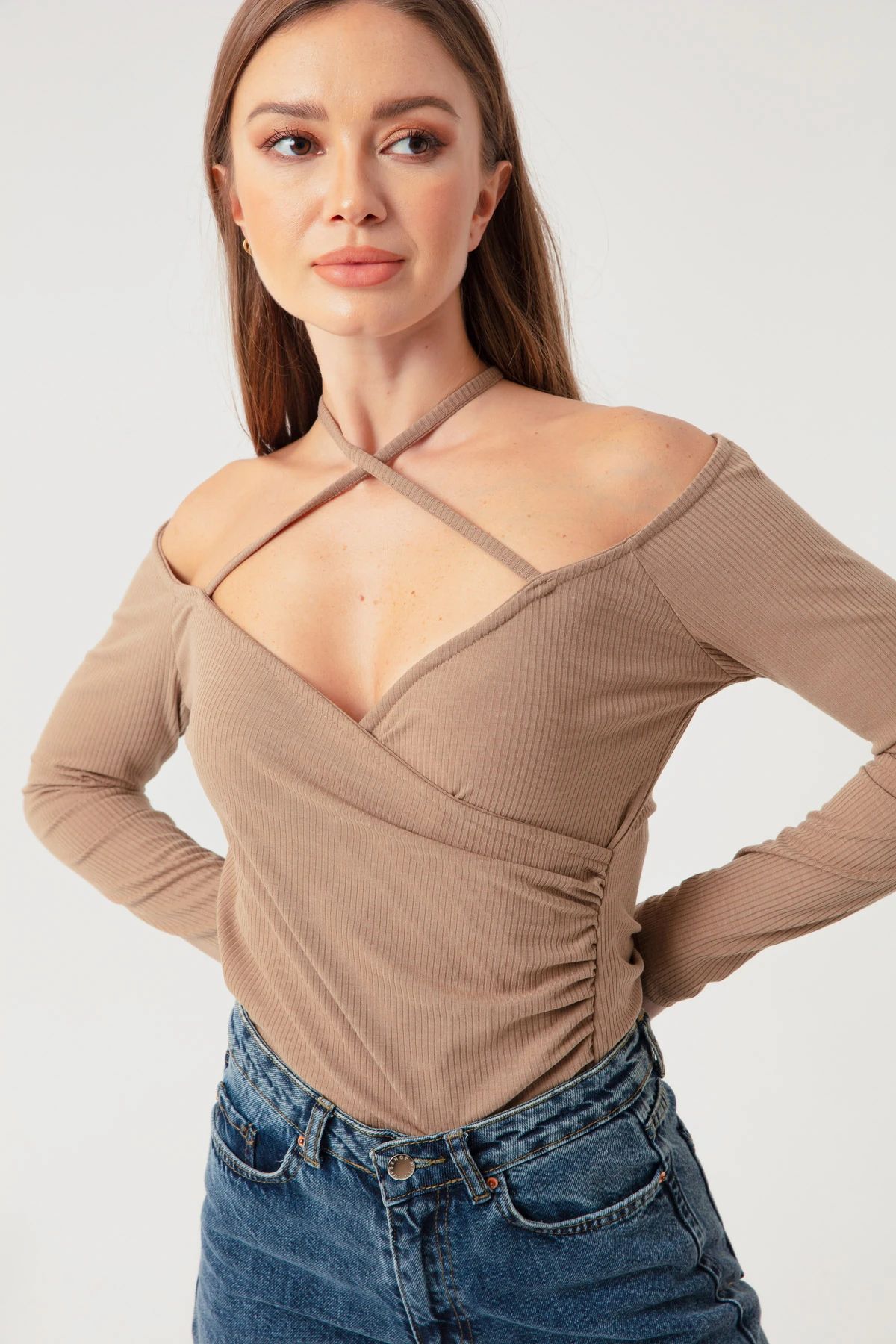 Kadın Bağlamalı Örme Bluz - Vizon