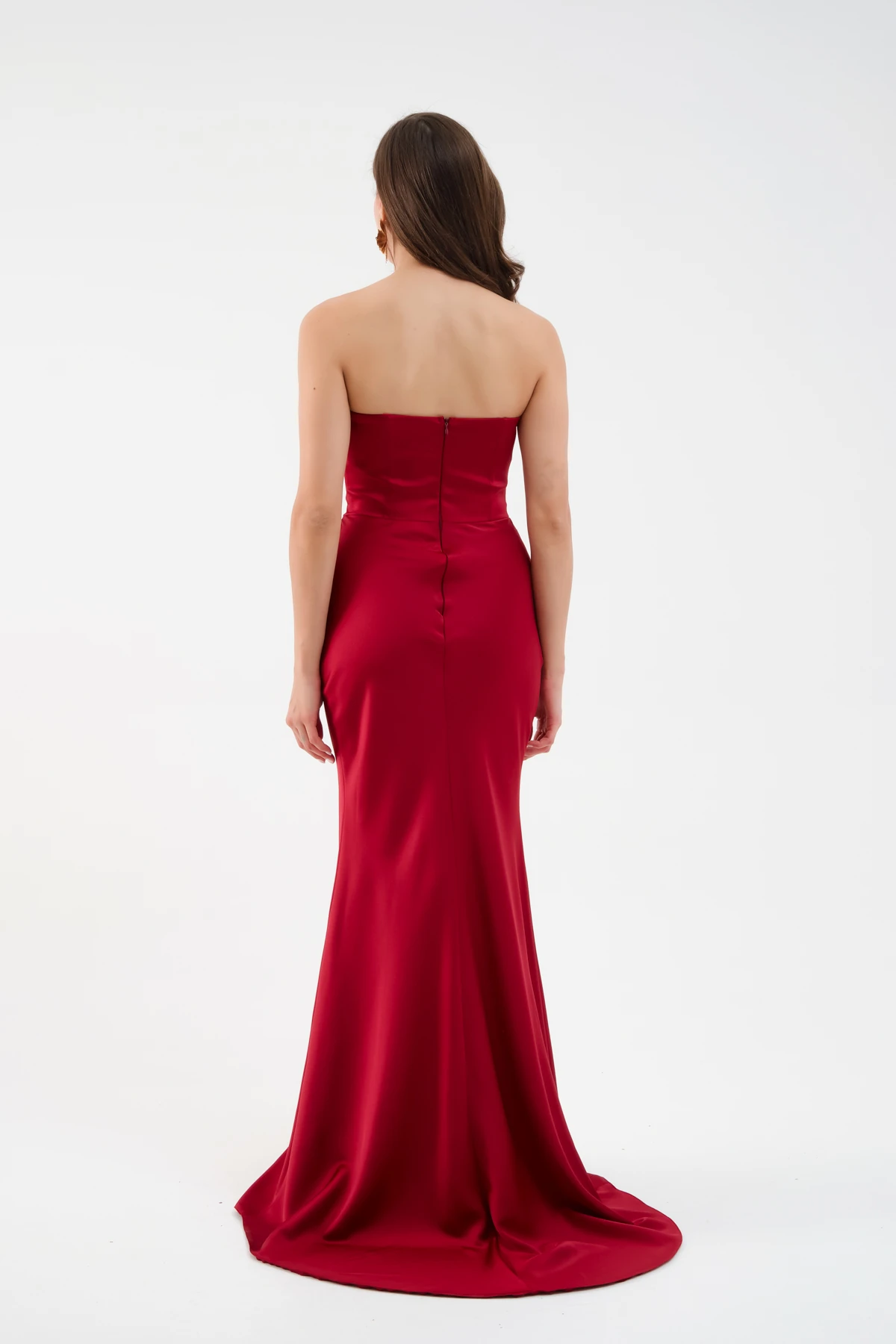 Kadın Straplez Uzun Saten Söz Nişan Abiye Elbise - Bordo