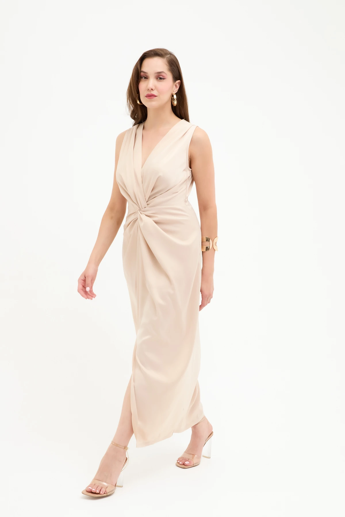 Kadın Düğüm Detaylı Midi Saten Elbise