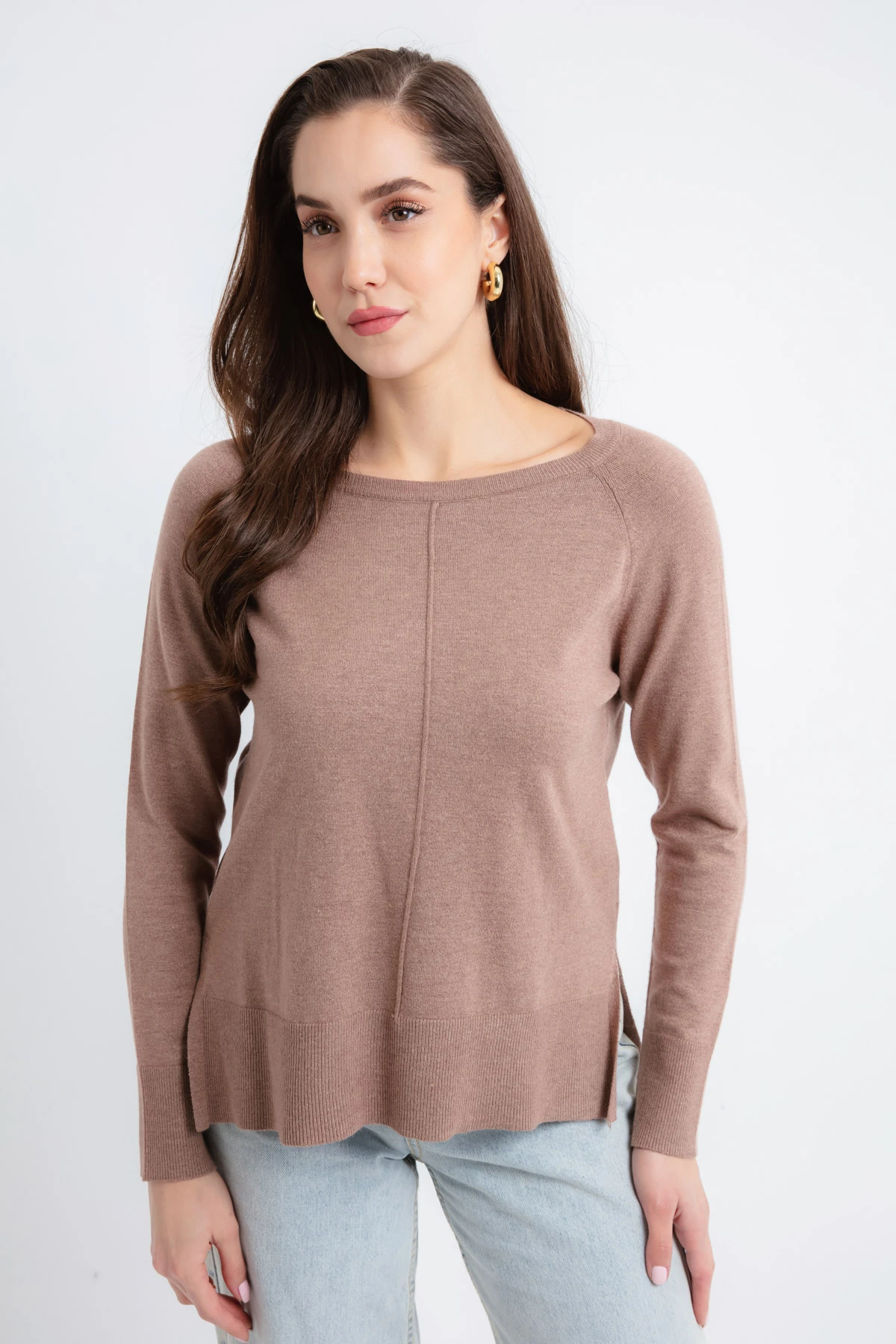 Kadın Kayık Yaka Yanları Yırtmaçlı Triko Kazak - Kahverengi