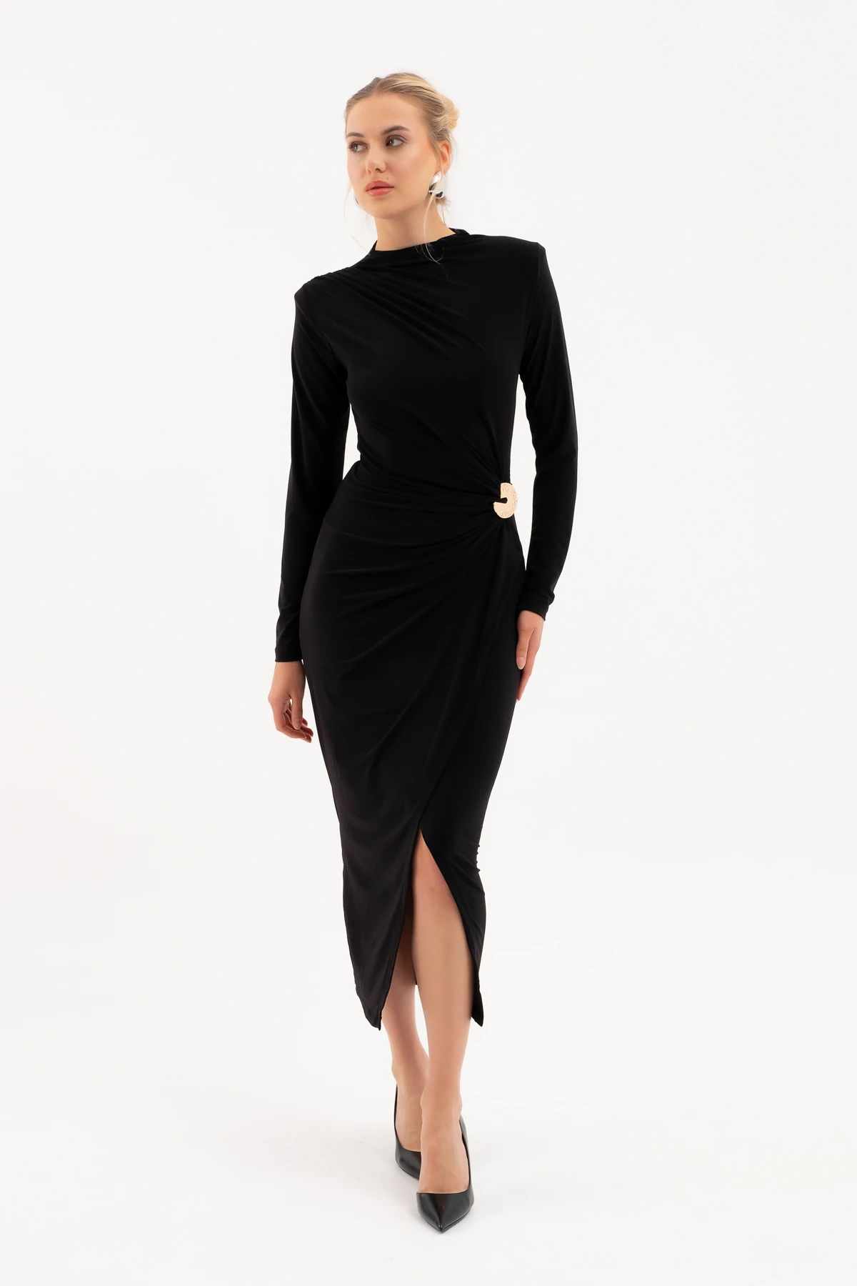 Kadın Aksesuar Detay Midi Elbise - Siyah