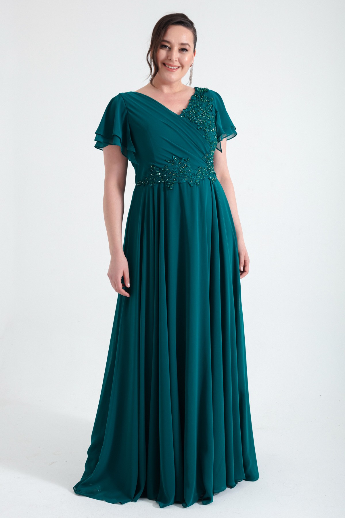 Kadın Kruvaze Taşlı Uzun Şifon Abiye Elbise - Zümrüt Yeşili