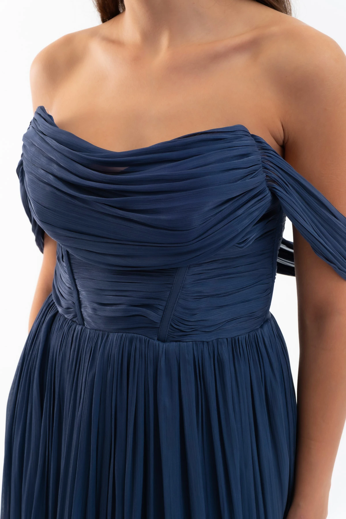 Kadın Kayık Yaka Uzun Abiye Elbise - Lacivert