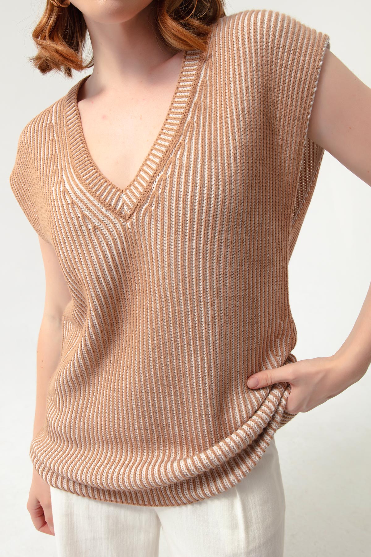 Kadın Yürütme Desen Triko Süveter - Taba