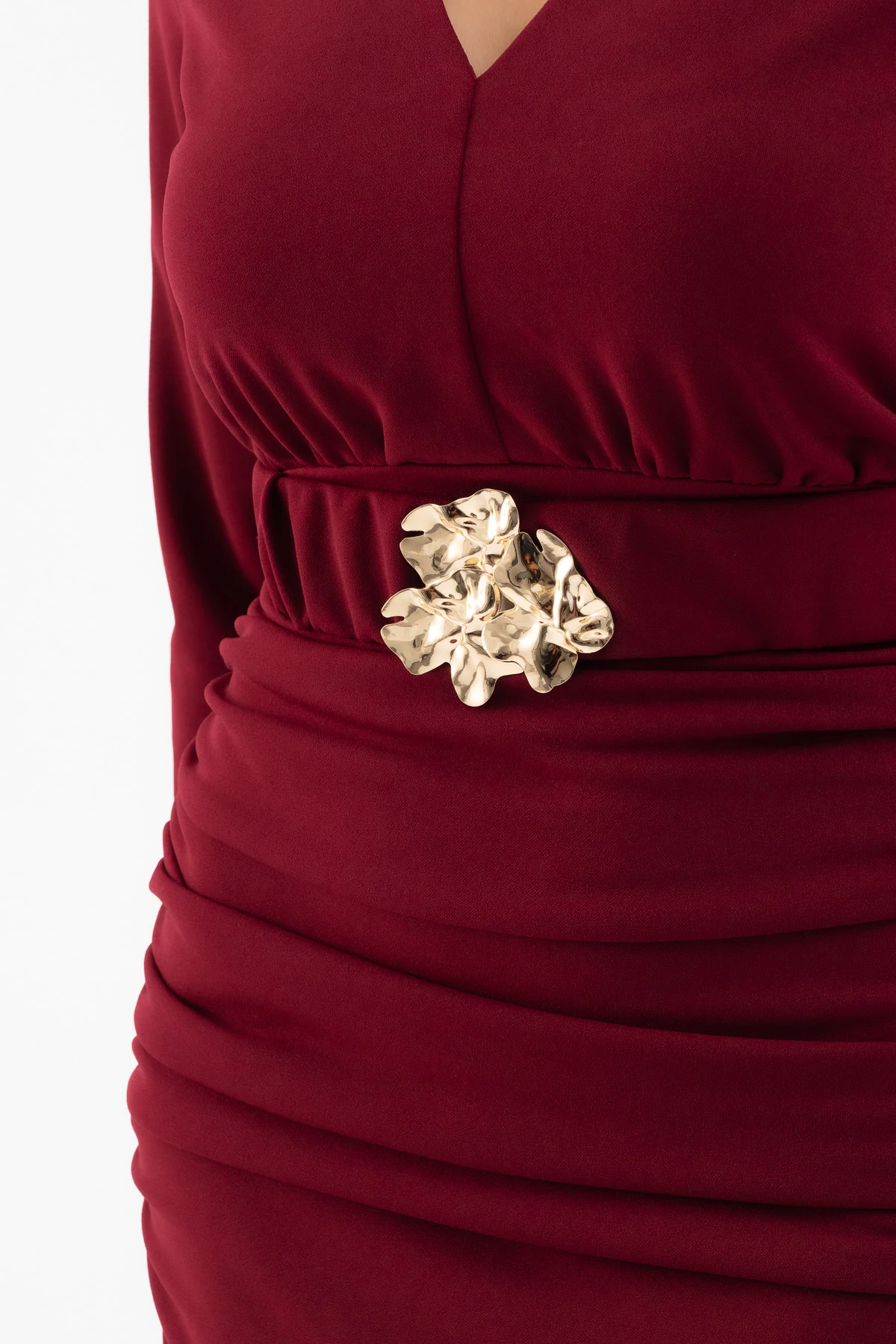 Kadın Kemerli Büzgü Detay Uzun Elbise - Bordo