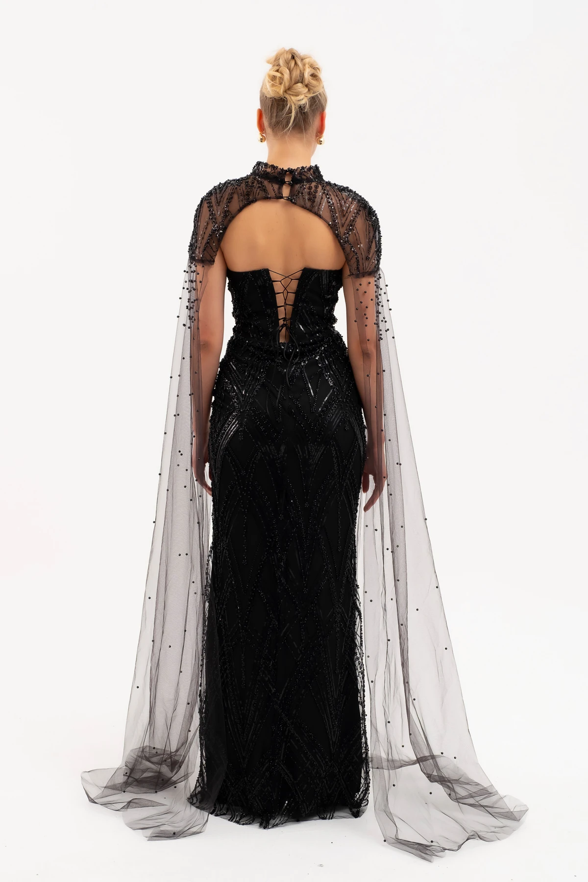 Kadın Şal Detay Boncuklu Uzun Abiye Elbise