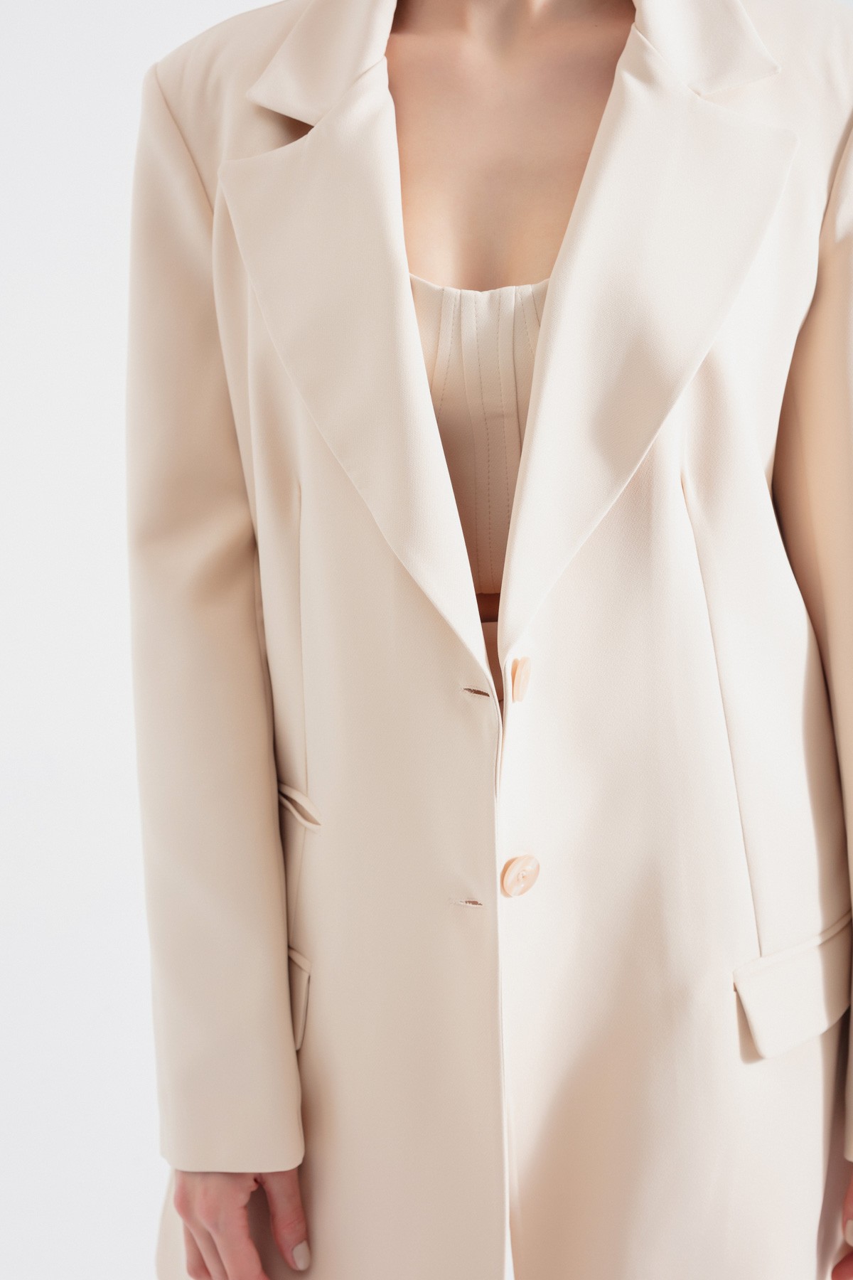 Kadın Düğmeli Blazer Ceket - Bej