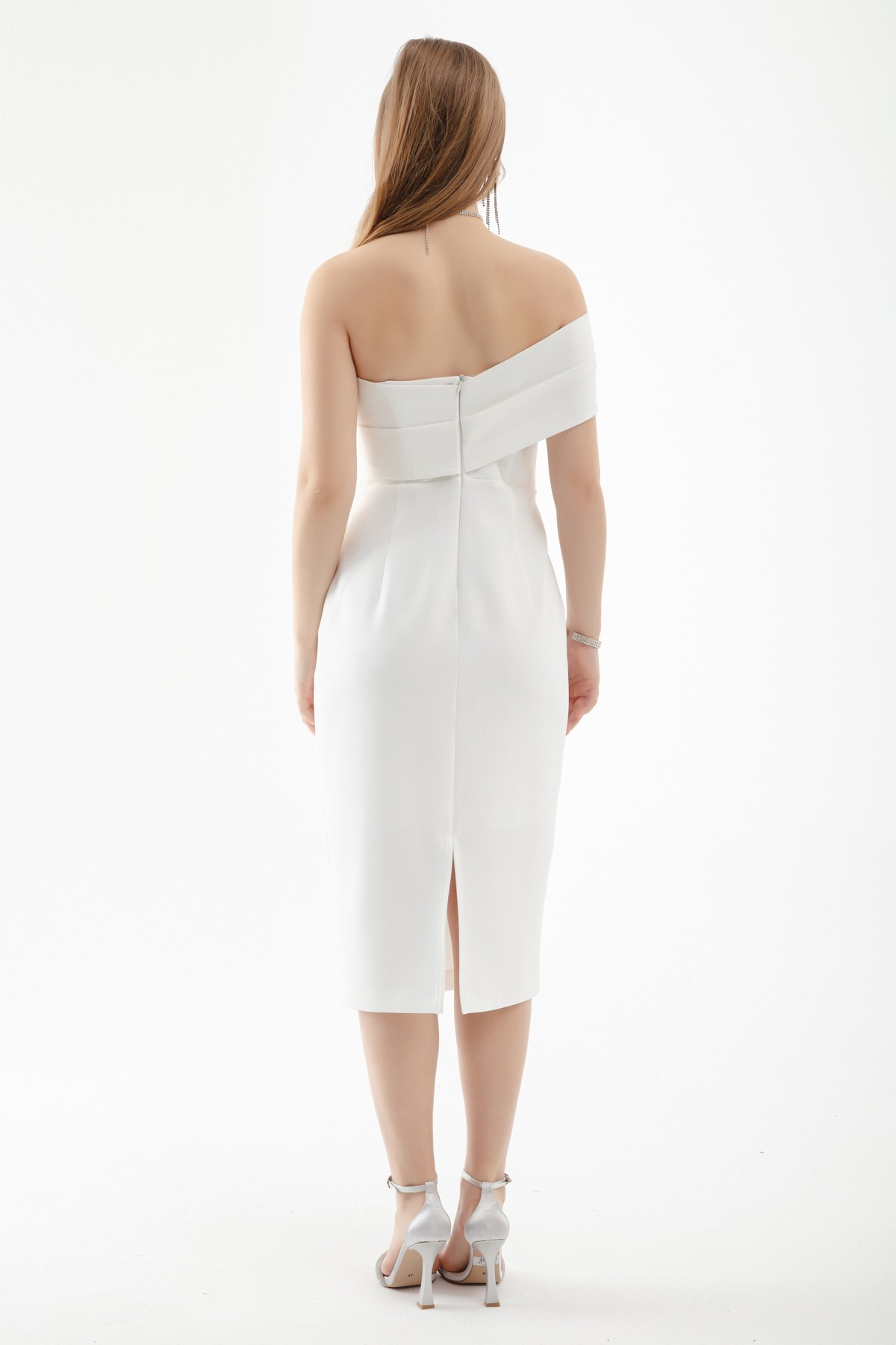 Kadın Çift Bandajlı Tek Omuz Midi Abiye Elbise - Beyaz