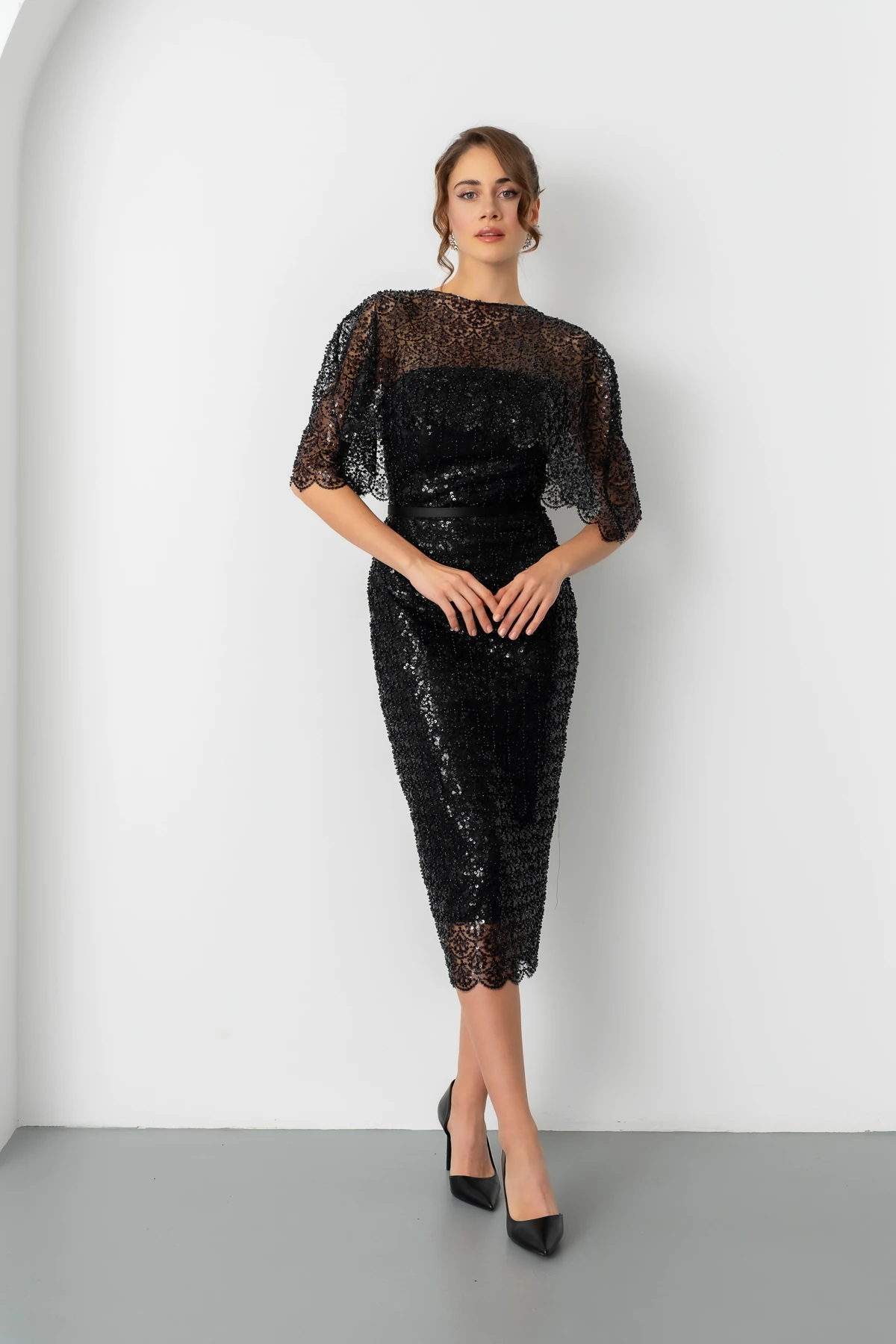 Kadın Bolero Detay Boncuklu Midi Söz Nişan Abiye Elbise - Siyah