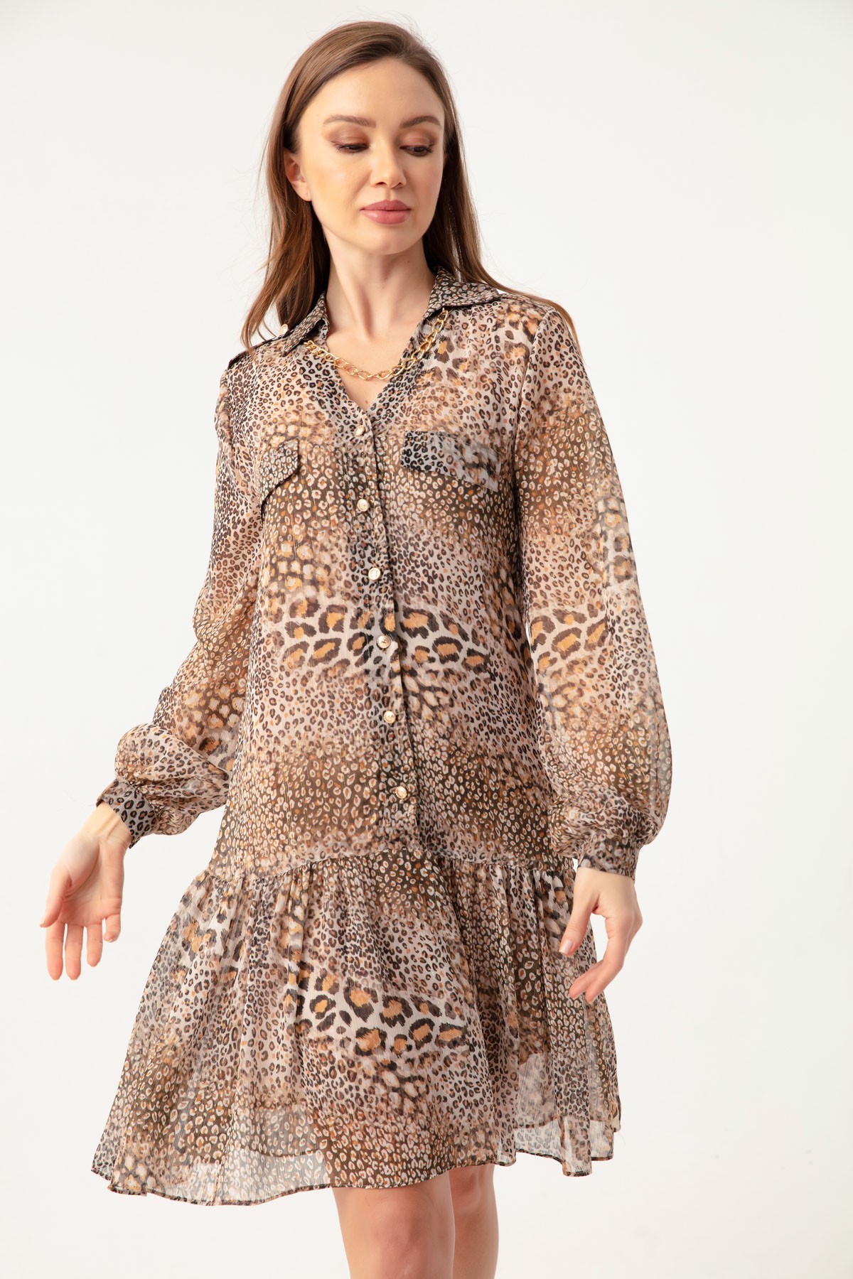 Kadın Leopar Desen Etek Ucu Fırfırlı Simli Şifon Midi Elbise - Kahverengi