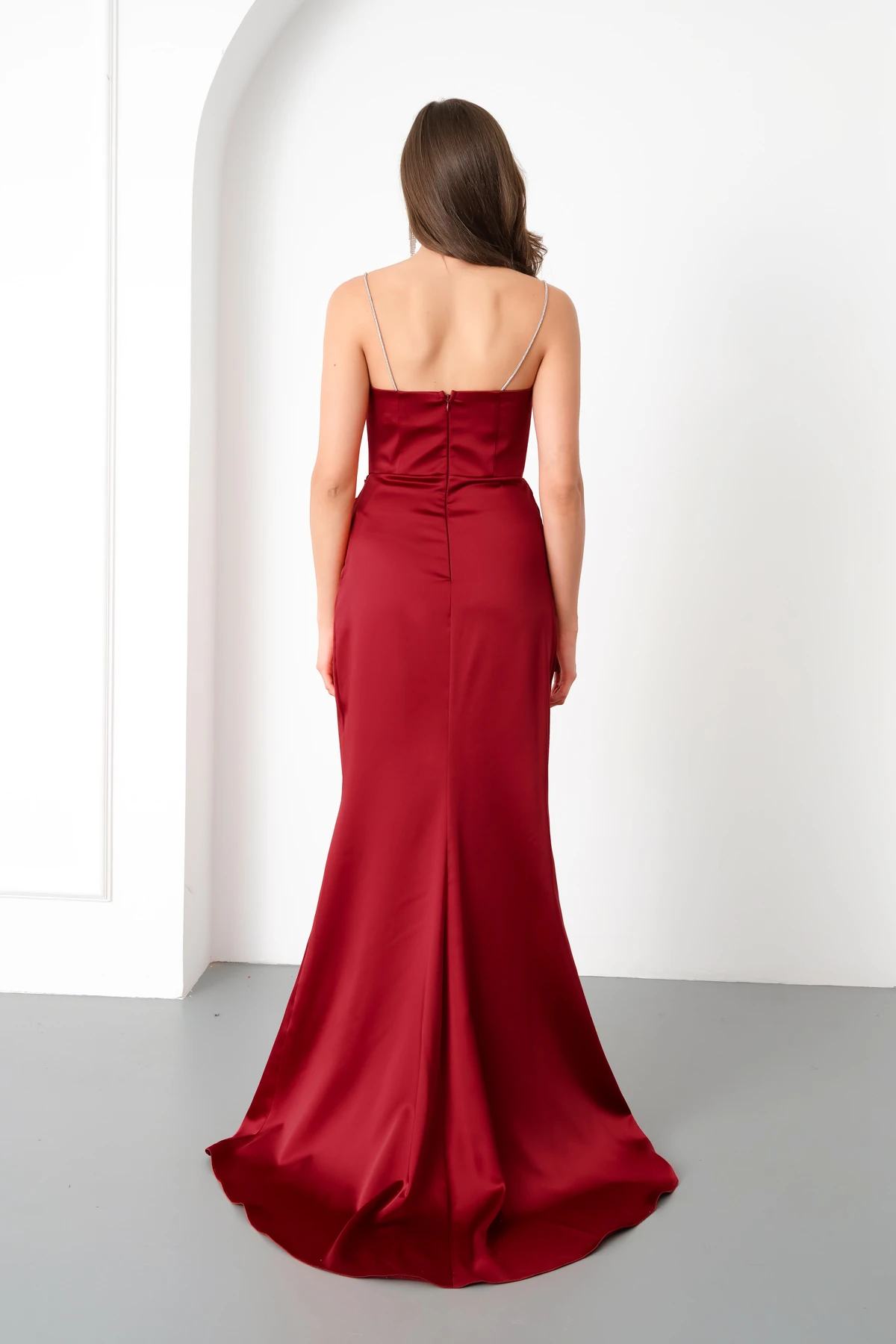 Kadın Taş Askılı Uzun Söz Nişan Abiye Elbise - Bordo