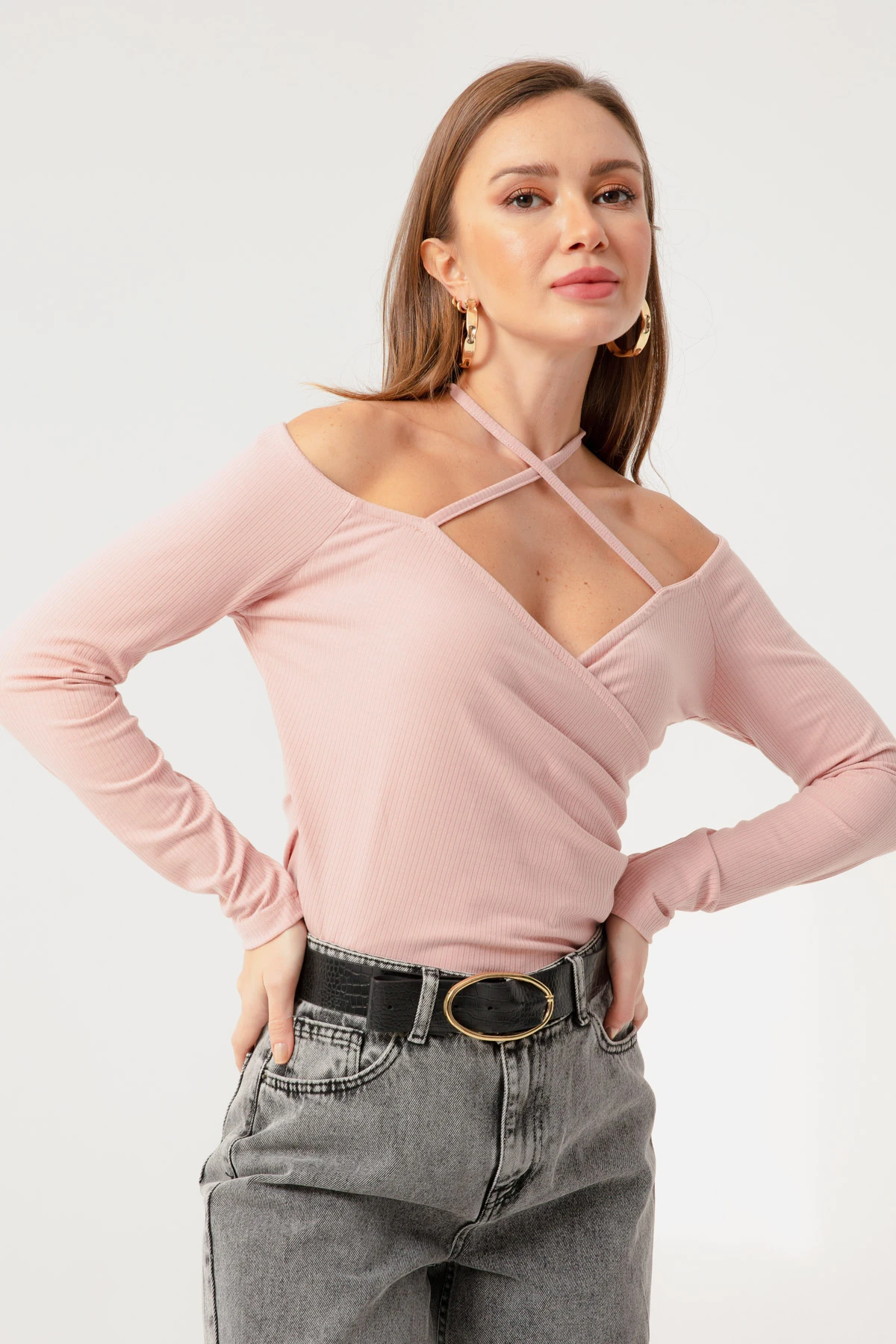Kadın Bağlamalı Örme Bluz - Pudra