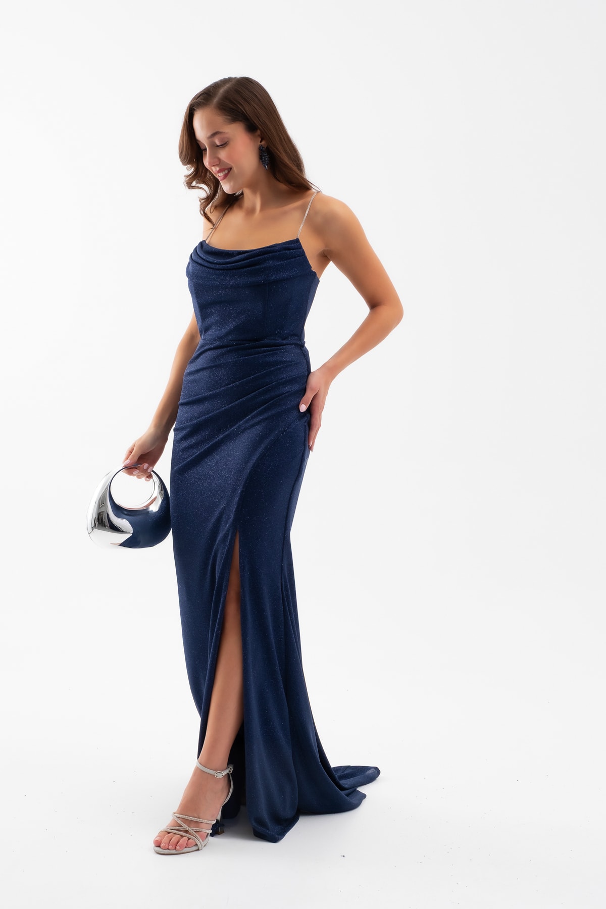 Kadın Askılı Simli Örme Abiye Elbise - Lacivert