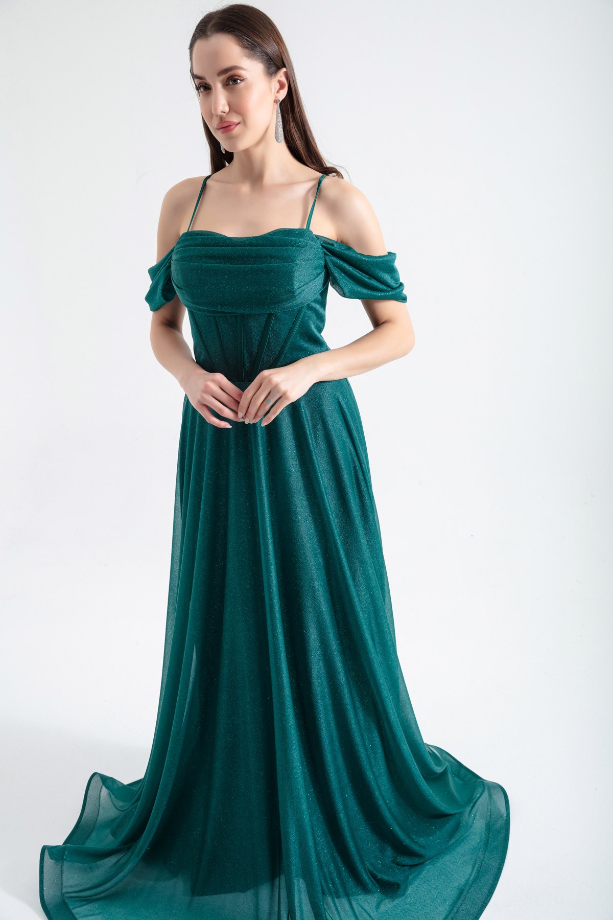 Kadın Askılı Simli Uzun Kloş Abiye Elbise - Zümrüt Yeşili