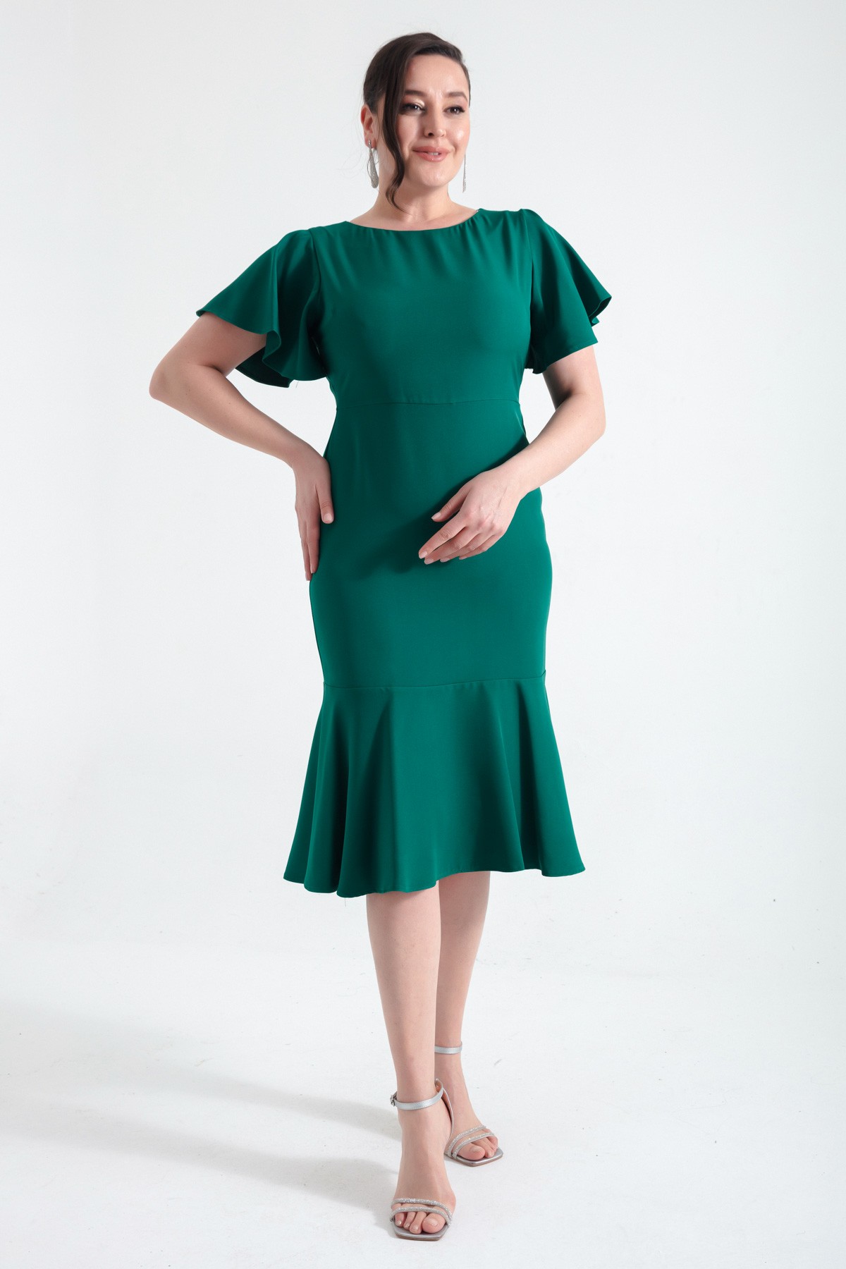 Kadın Büyük Beden Volanlı Elbise - Zümrüt Yeşili