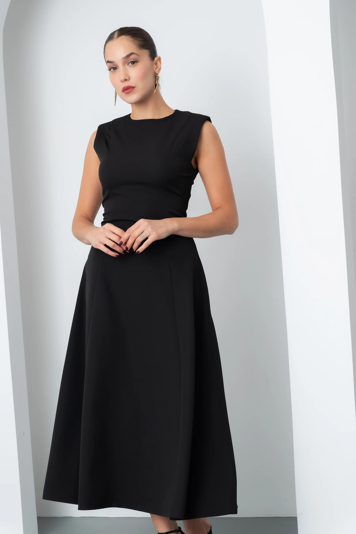 Kadın Vatkalı Midi Davet Elbisesi - Siyah