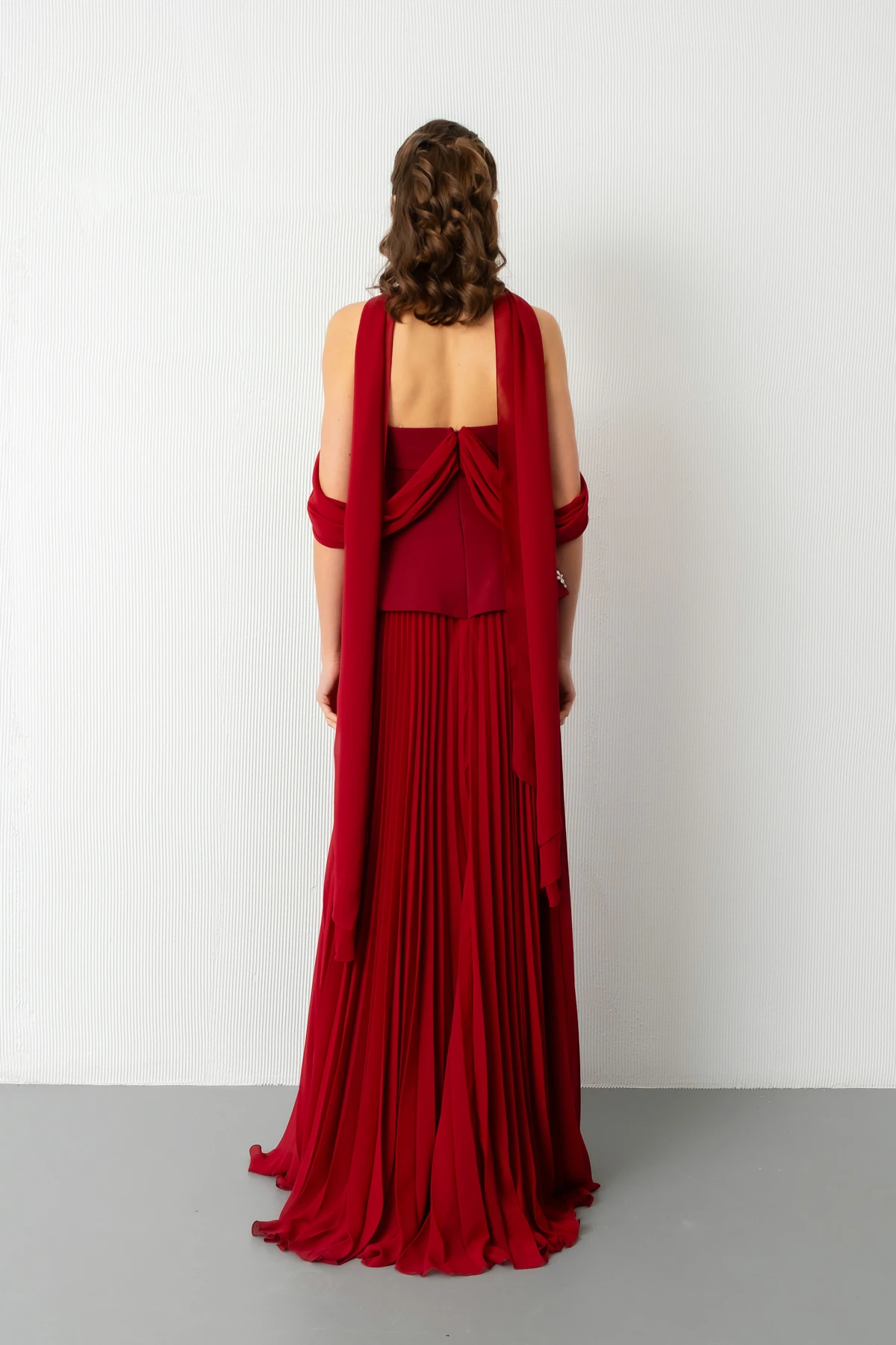 Kadın Straplez Yaka Taşlı Uzun Söz Nişan Nikah Abiye Elbise - Bordo