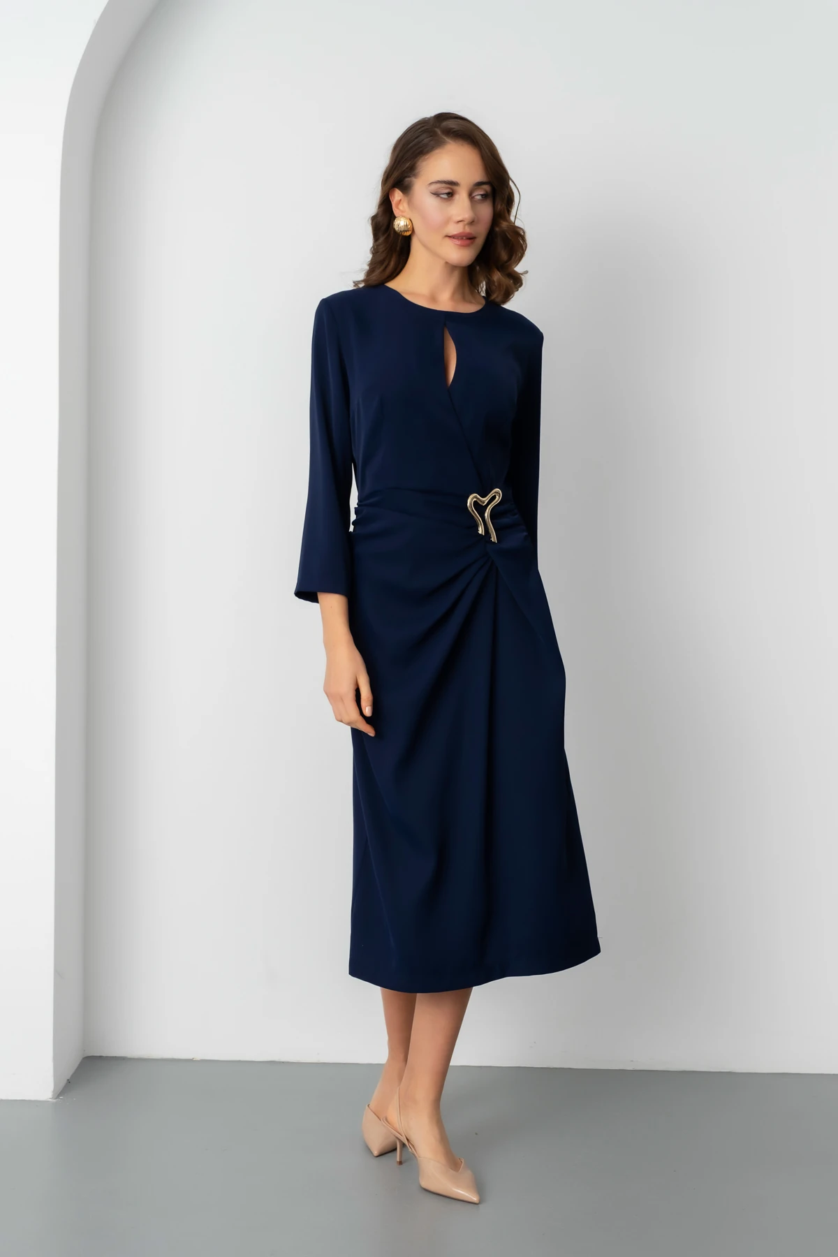 Kadın Aksesuar Detay Midi Elbise - Lacivert