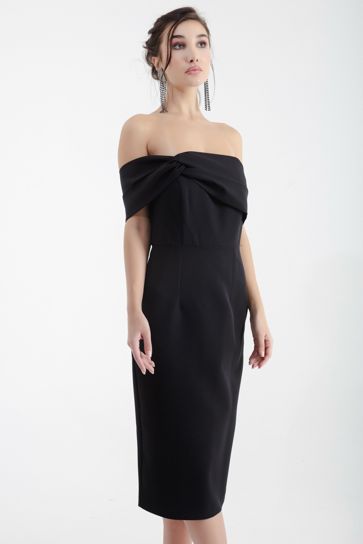 Kadın Çift Bandajlı Tek Omuz Midi Abiye Elbise - Siyah