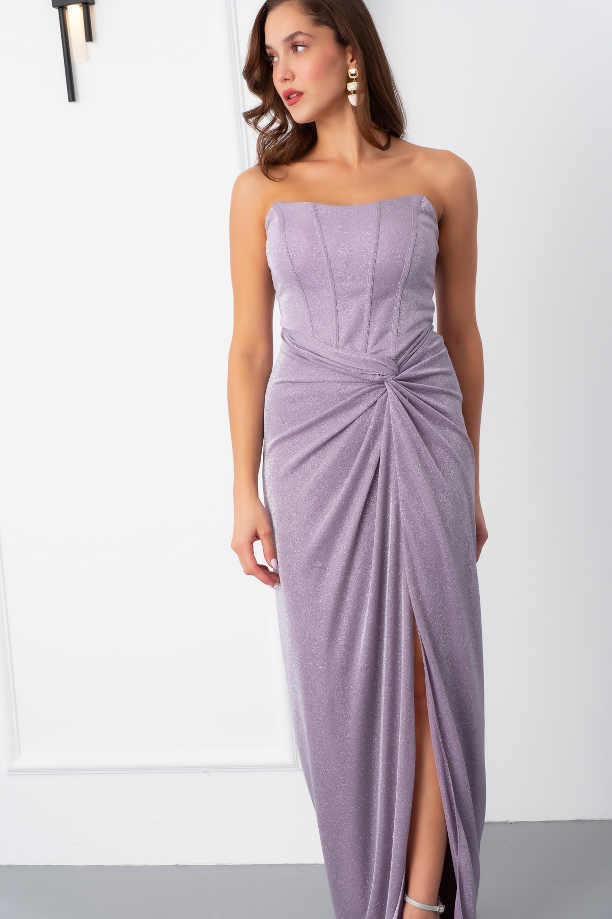 Kadın Straplez Simli Örme Abiye Elbise - Pudra