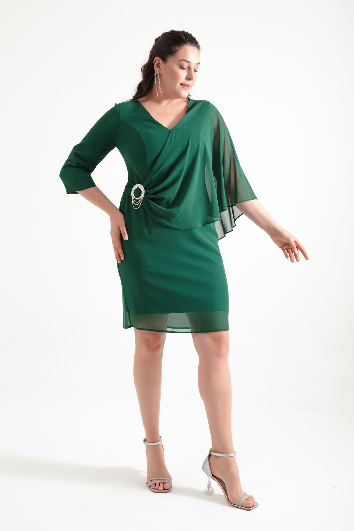 Kadın V Yaka Taşlı Büyük Beden Abiye Elbise - Zümrüt Yeşili