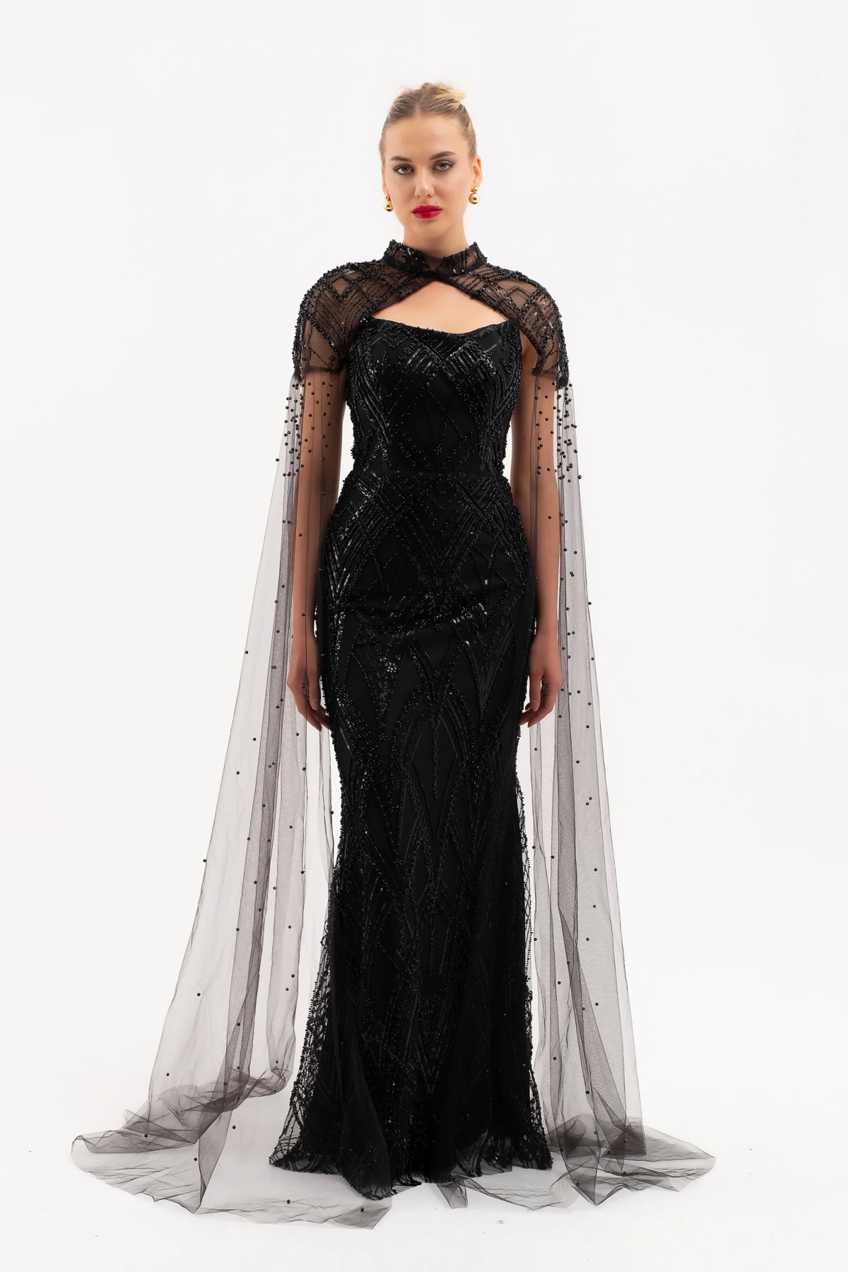 Kadın Şal Detay Boncuklu Uzun Abiye Elbise